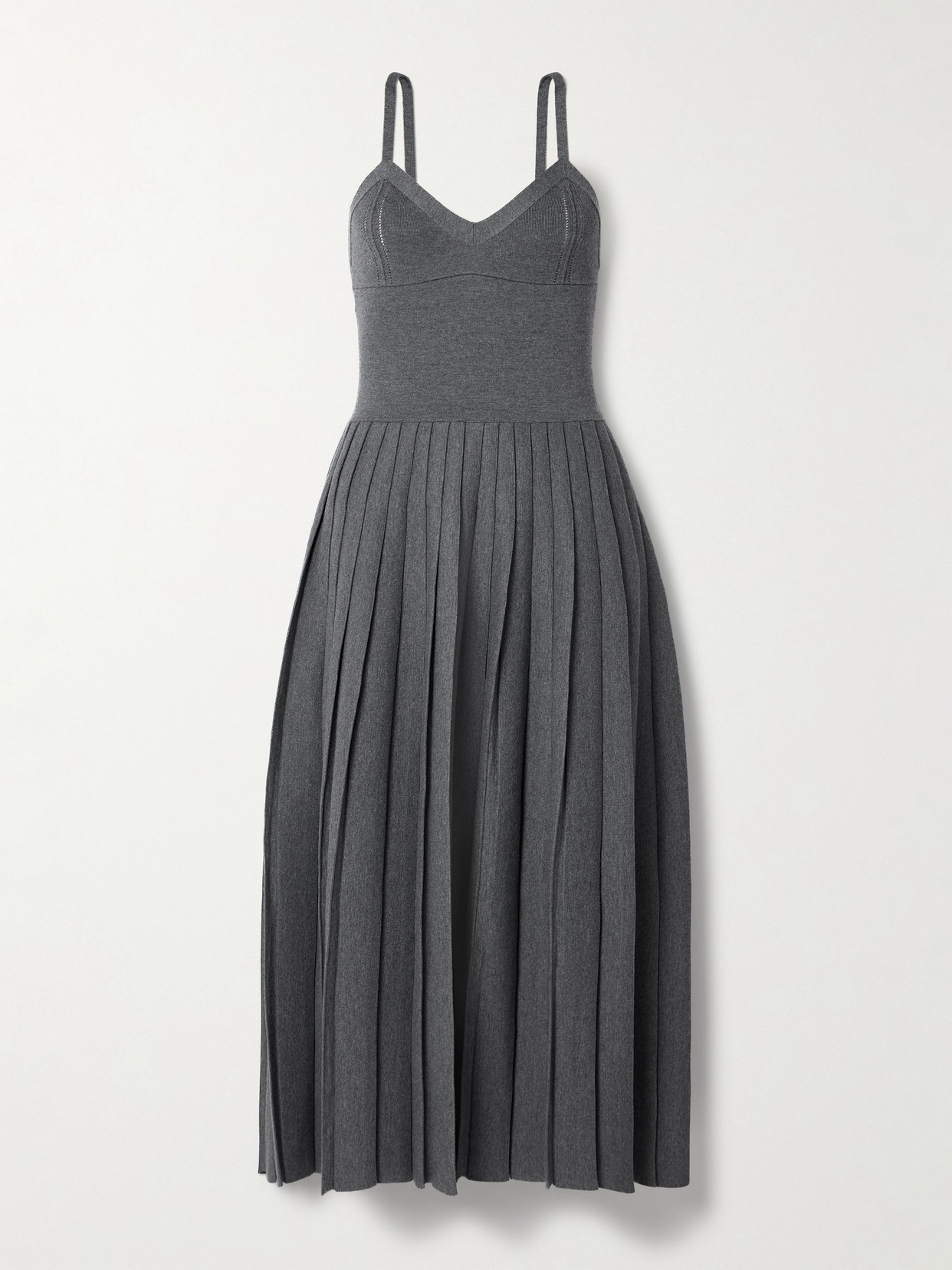 KHAITE ELIO PLEATED POINTELLE-TRIMMED WOOL-BLEND MIDI DRESS