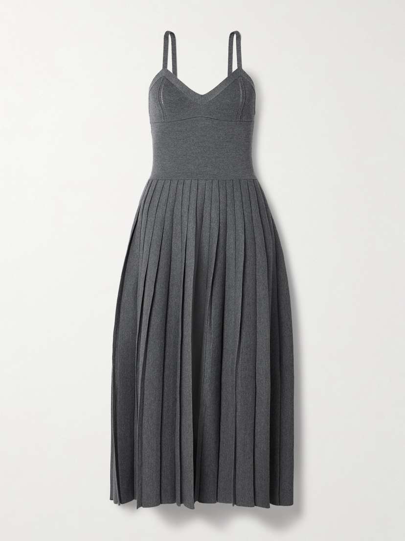 Khaite Elio Pleated Pointelle-trimmed Wool-blend Midi Dress