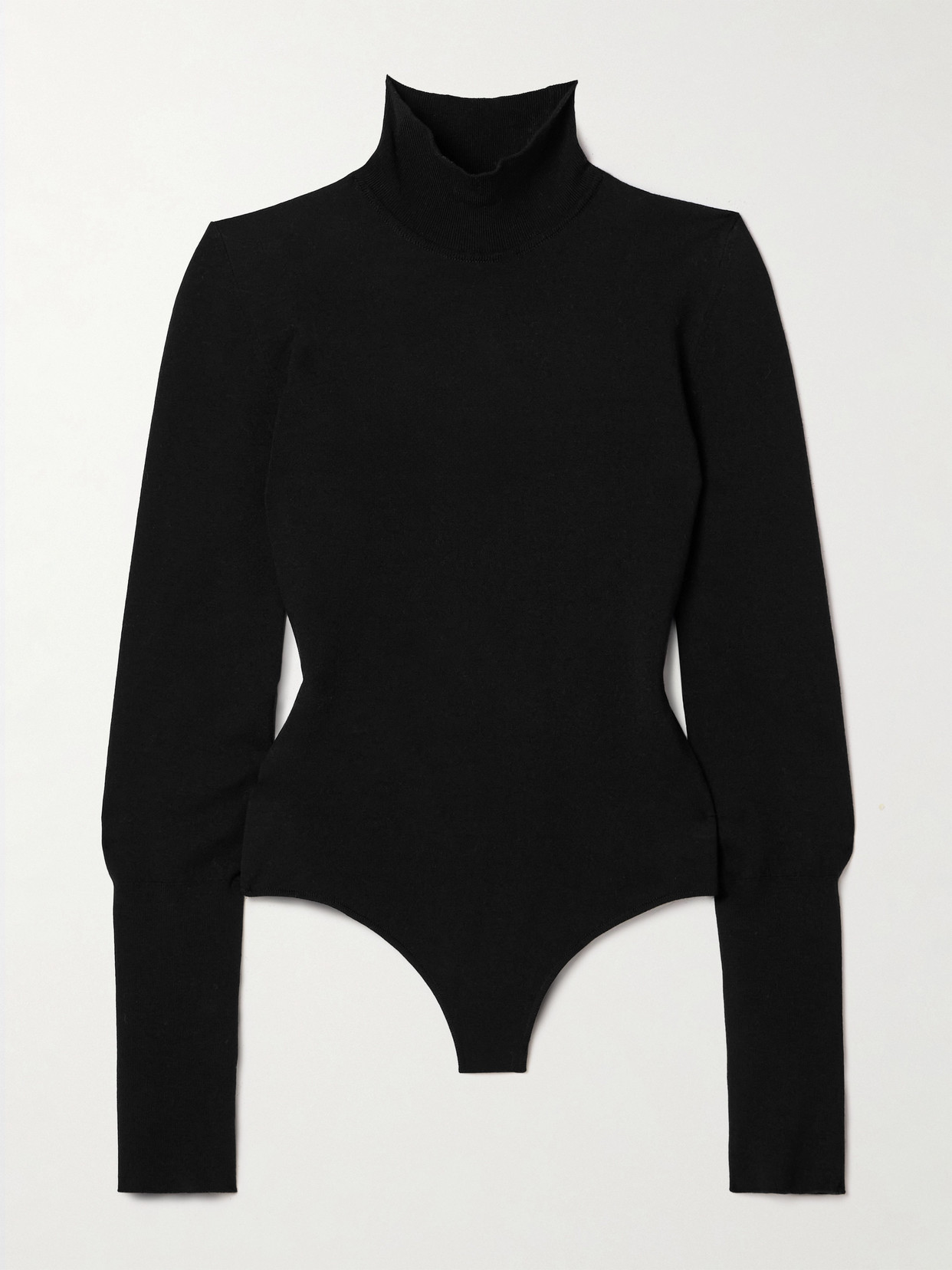 Khaite Thea Wool-blend Jersey Turtleneck Thong Bodysuit In Black