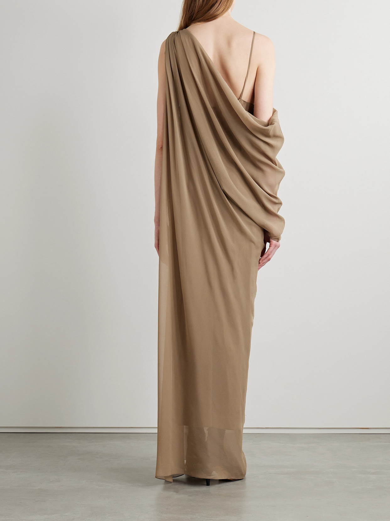 Khaite Taj Layered Draped One-shoulder Silk-chiffon Maxi Dress In Brown