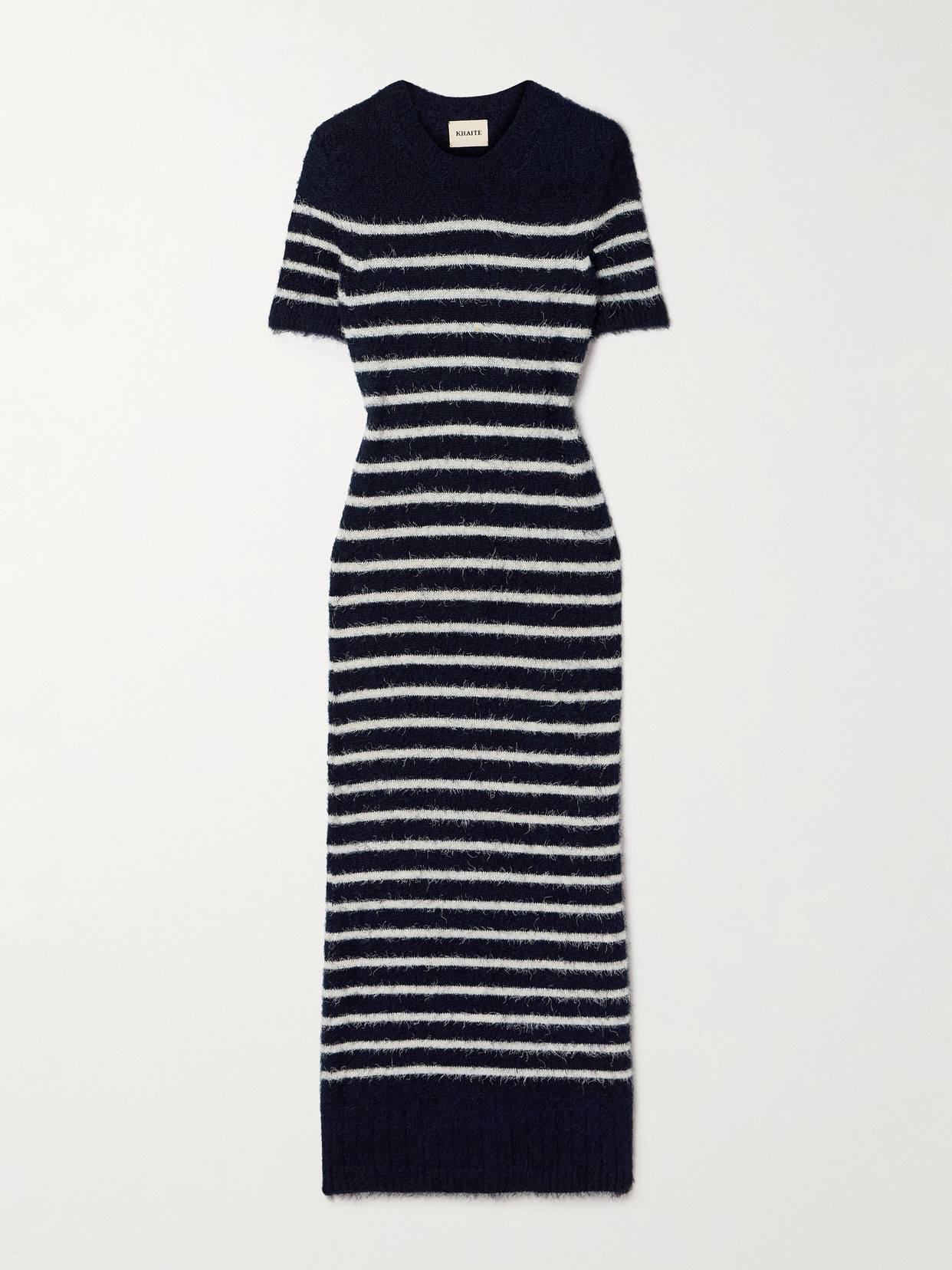 Khaite Helen Striped Brushed Silk And Cashmere-blend Midi Dress In Blue