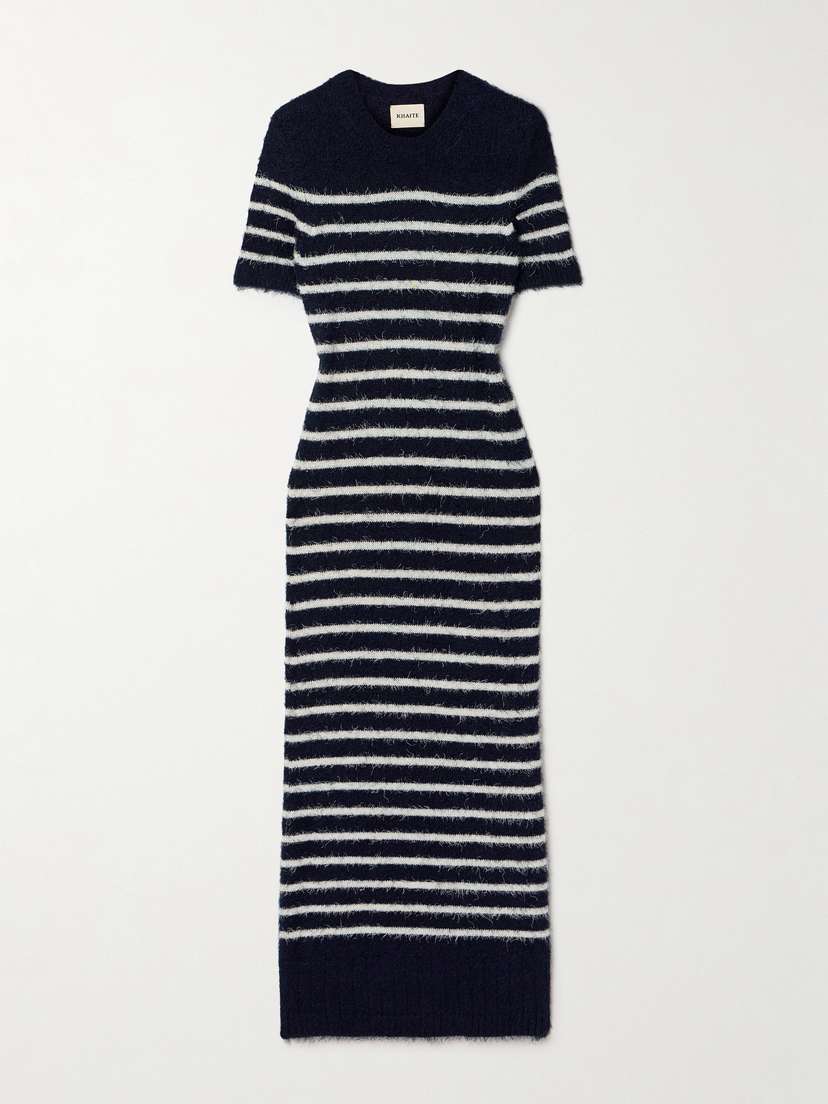 Khaite Helen Striped Brushed Silk And Cashmere-blend Midi Dress