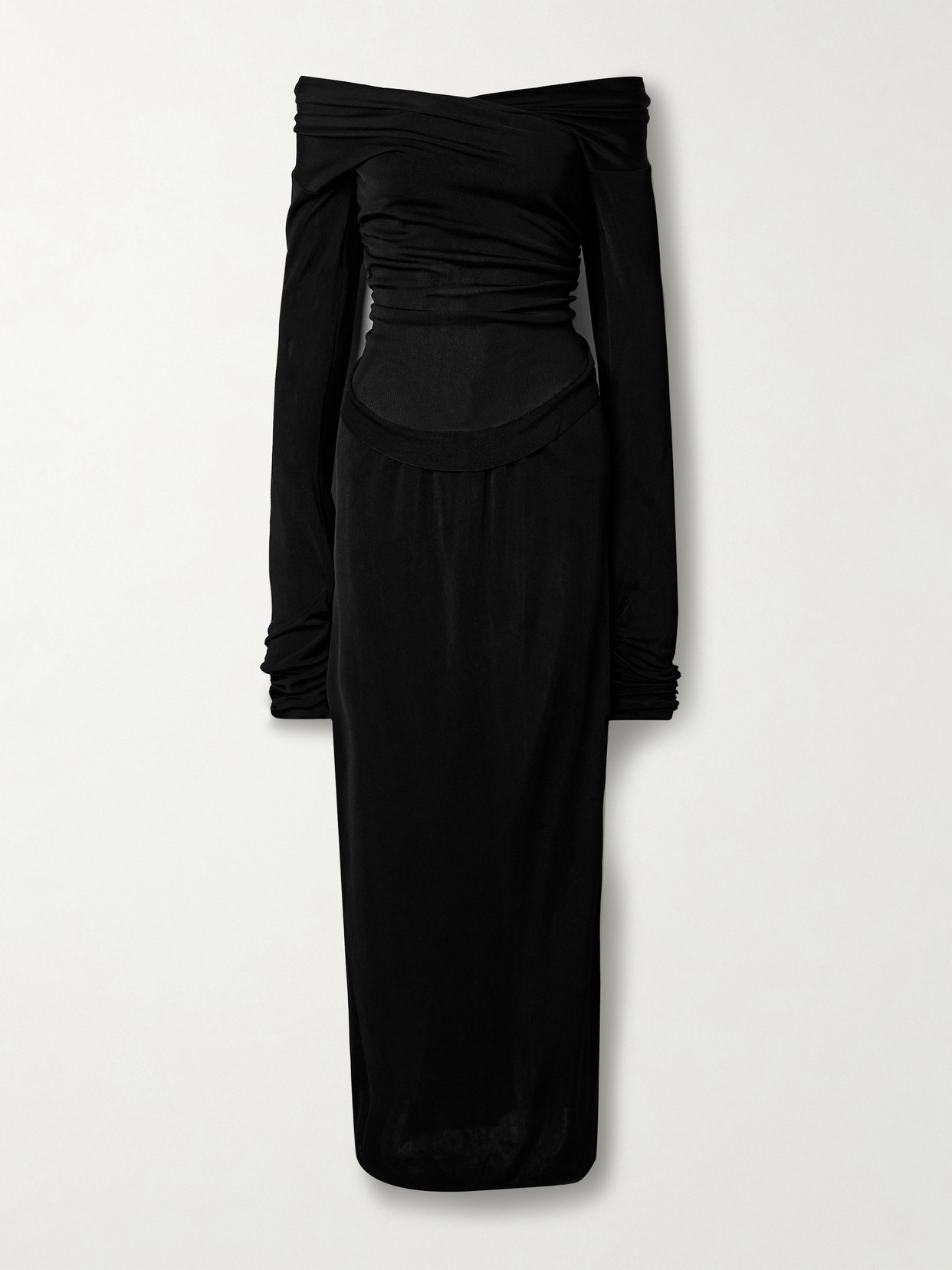 Khaite Fable Off-the-shoulder Gathered Knitted Maxi Dress In Black