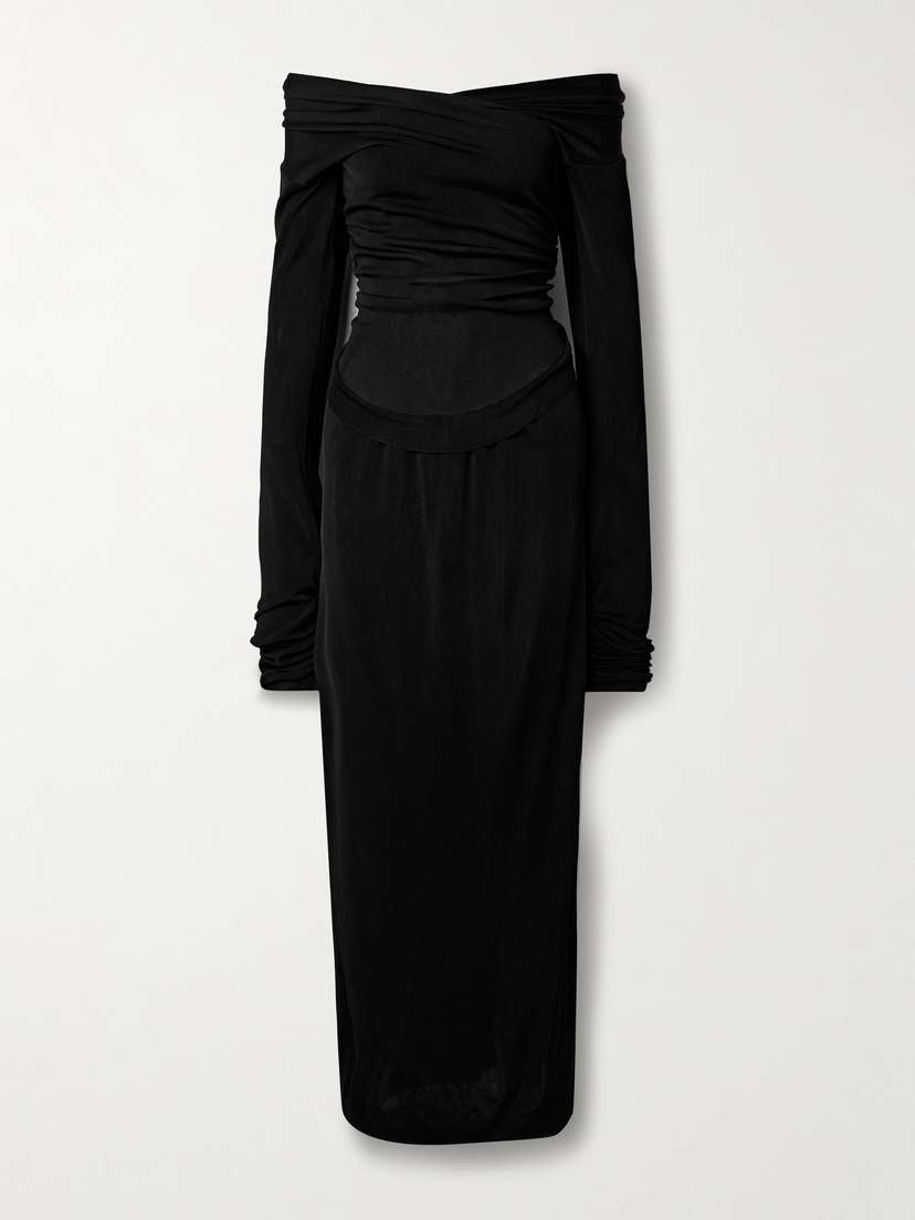Khaite — Fable off-the-shoulder gathered knitted maxi dress