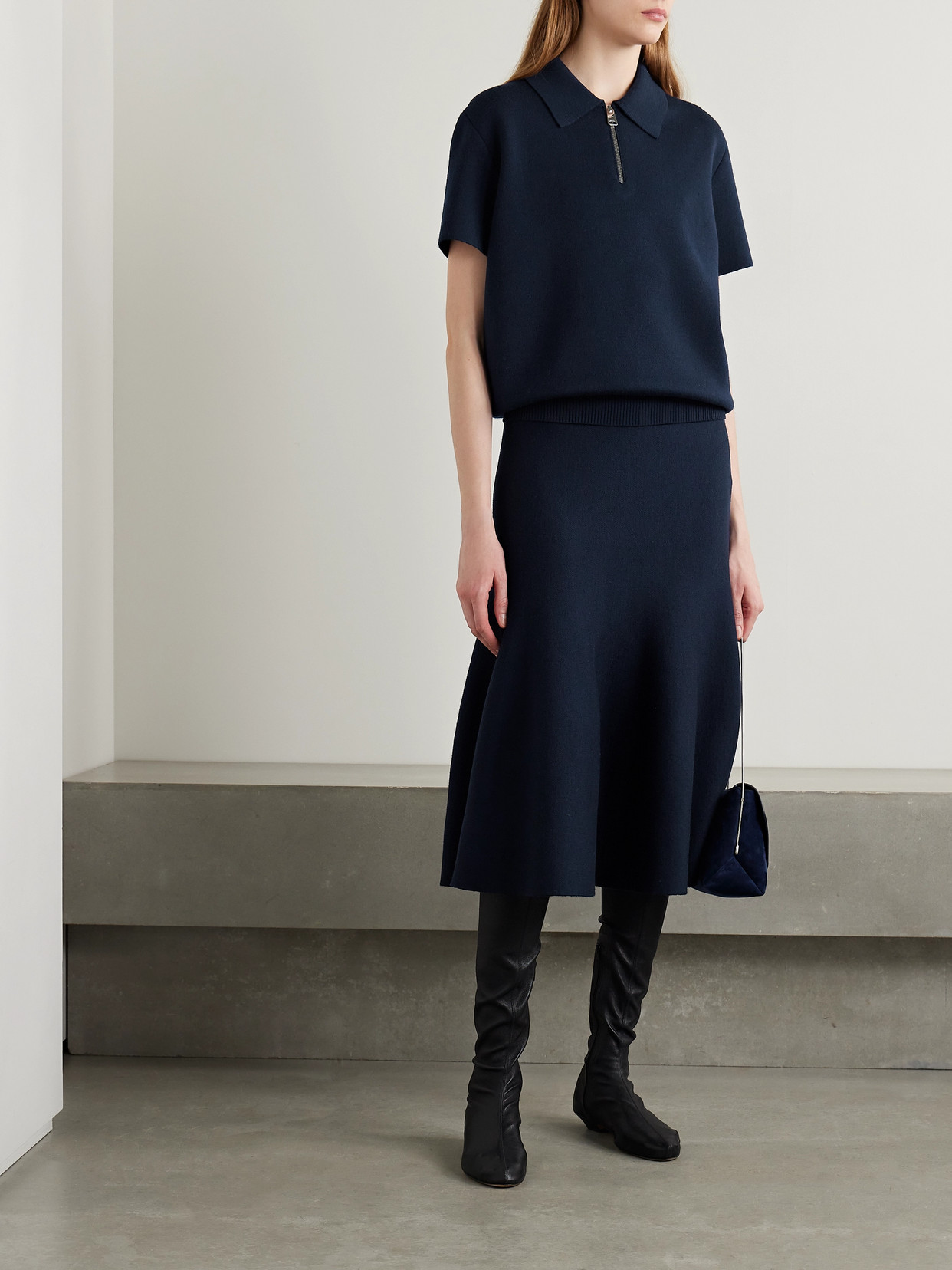 Khaite Gulliame Zip-up Knit Wool-blend Polo Top In Blue