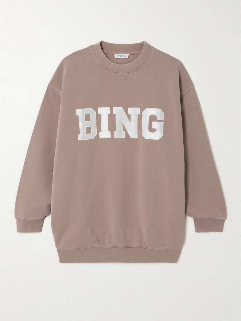 Anine Bing Tyler Oversized Appliquéd Satin-trimmed Organic Cotton-jersey Sweatshirt - x large