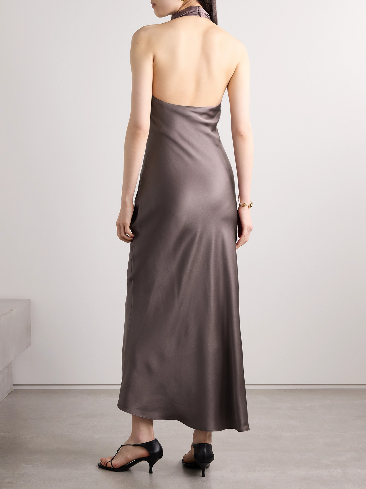 Anine Bing Eliana Drapey Halter Neck Silk Dress In Brown