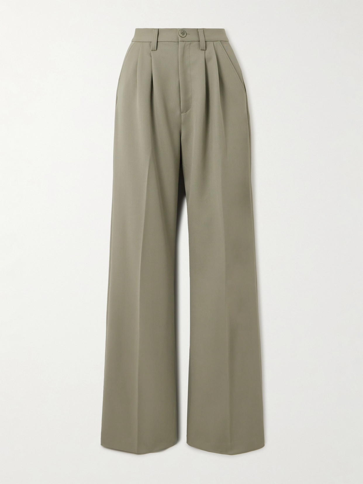 Anine Bing Carrie Pleated Wool-twill Wide-leg Trousers In Green