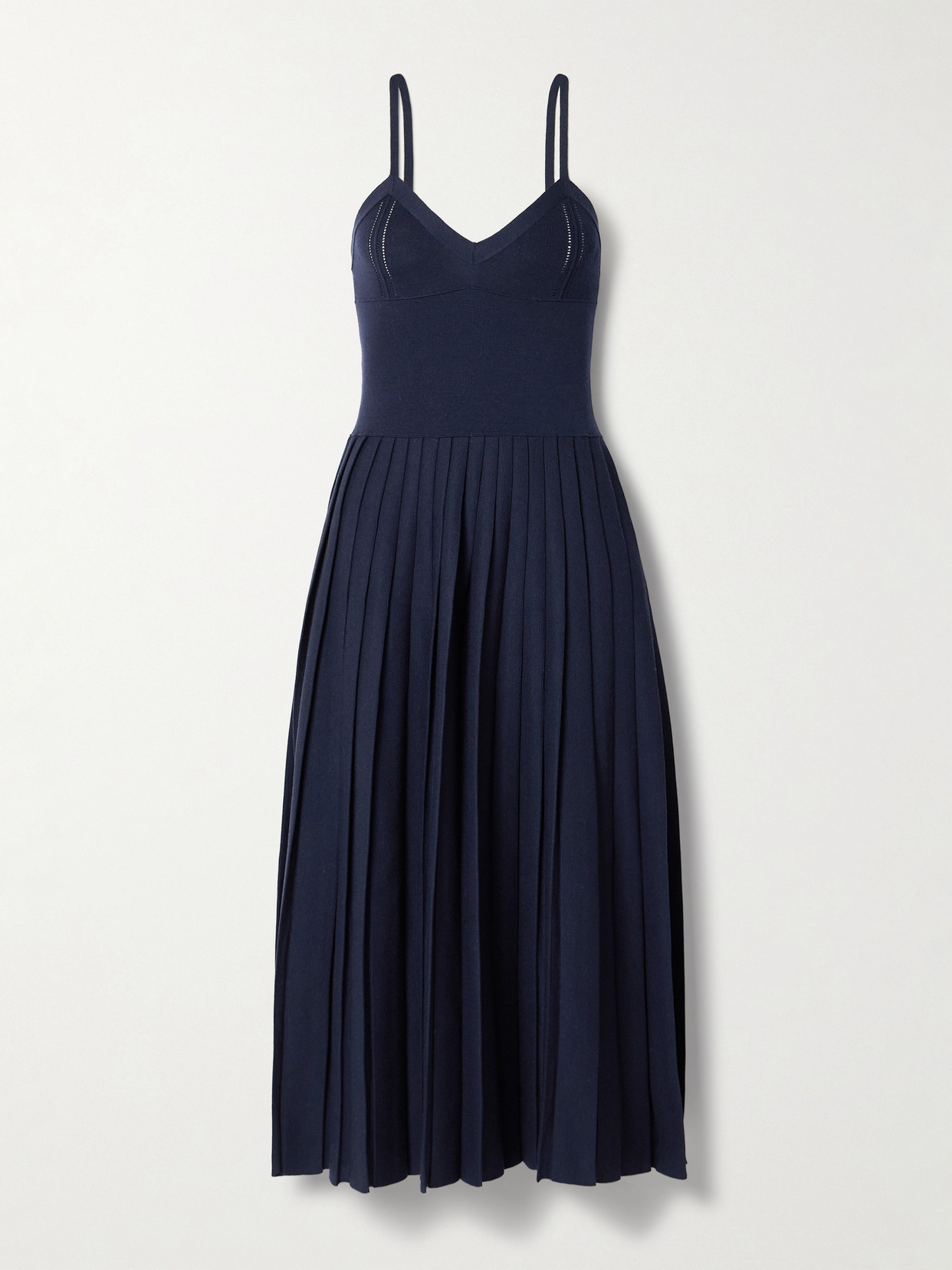 Khaite Elio Pleated Knit Merino Wool Midi Dress In Blue