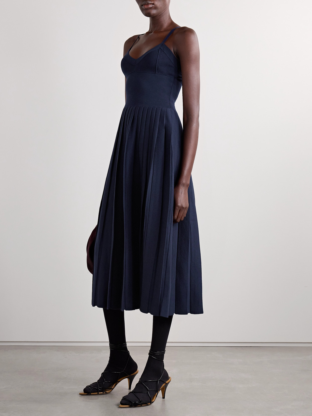 Khaite Elio Pleated Knit Merino Wool Midi Dress In Sterling