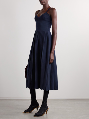 KHAITE Elio pleated pointelle-trimmed wool-blend midi dress