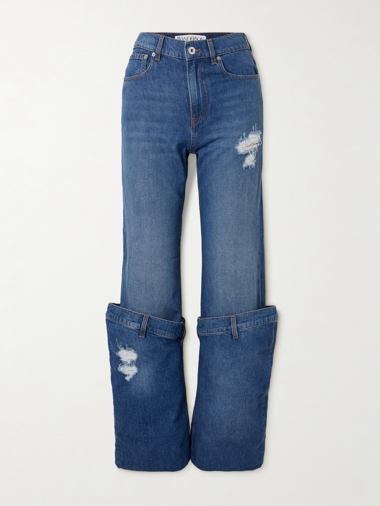 Jw Anderson Bucket Layered Distressed Low-rise Boyfriend Jeans In Blue