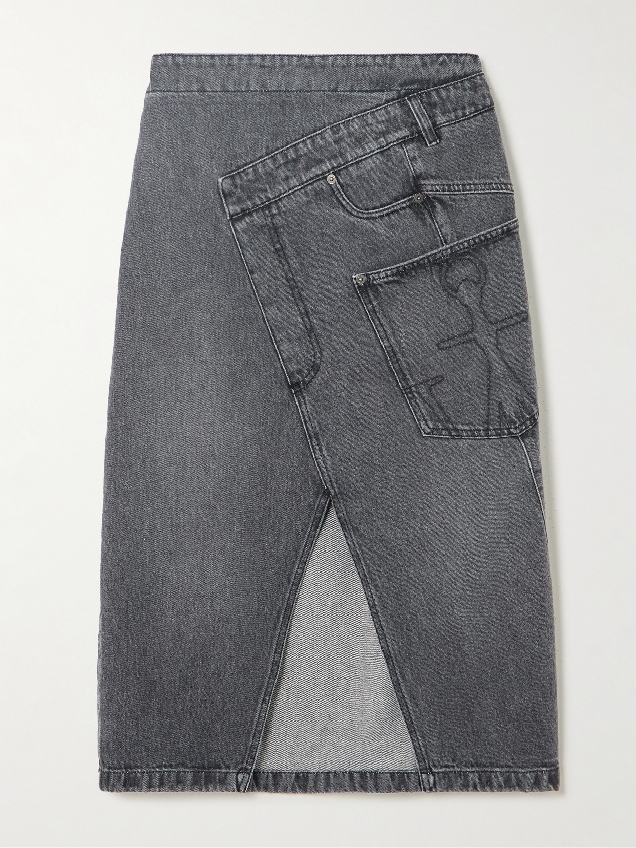 Jw Anderson Twisted Asymmetric Denim Wrap-effect Midi Skirt In Gray