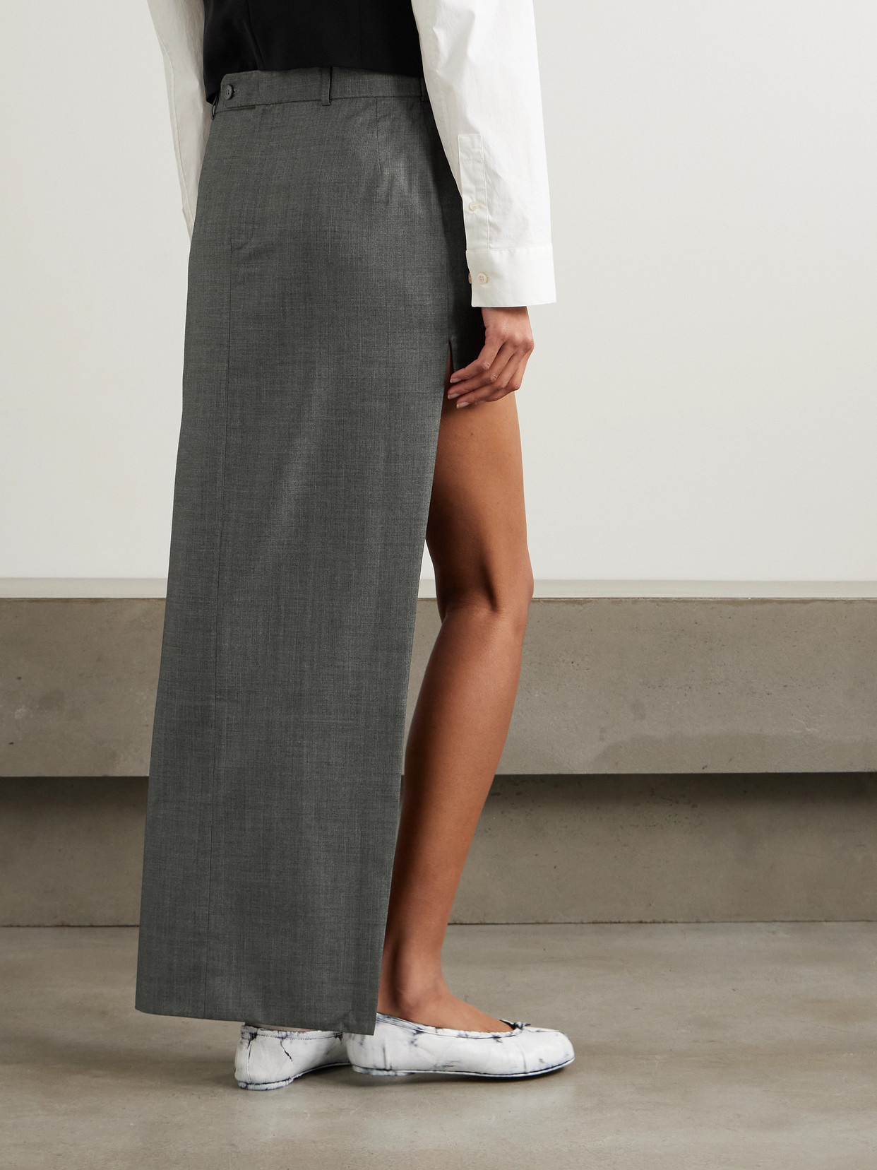 Bettter Office Party Asymmetric Striped Wool-blend Maxi Skirt In Gray
