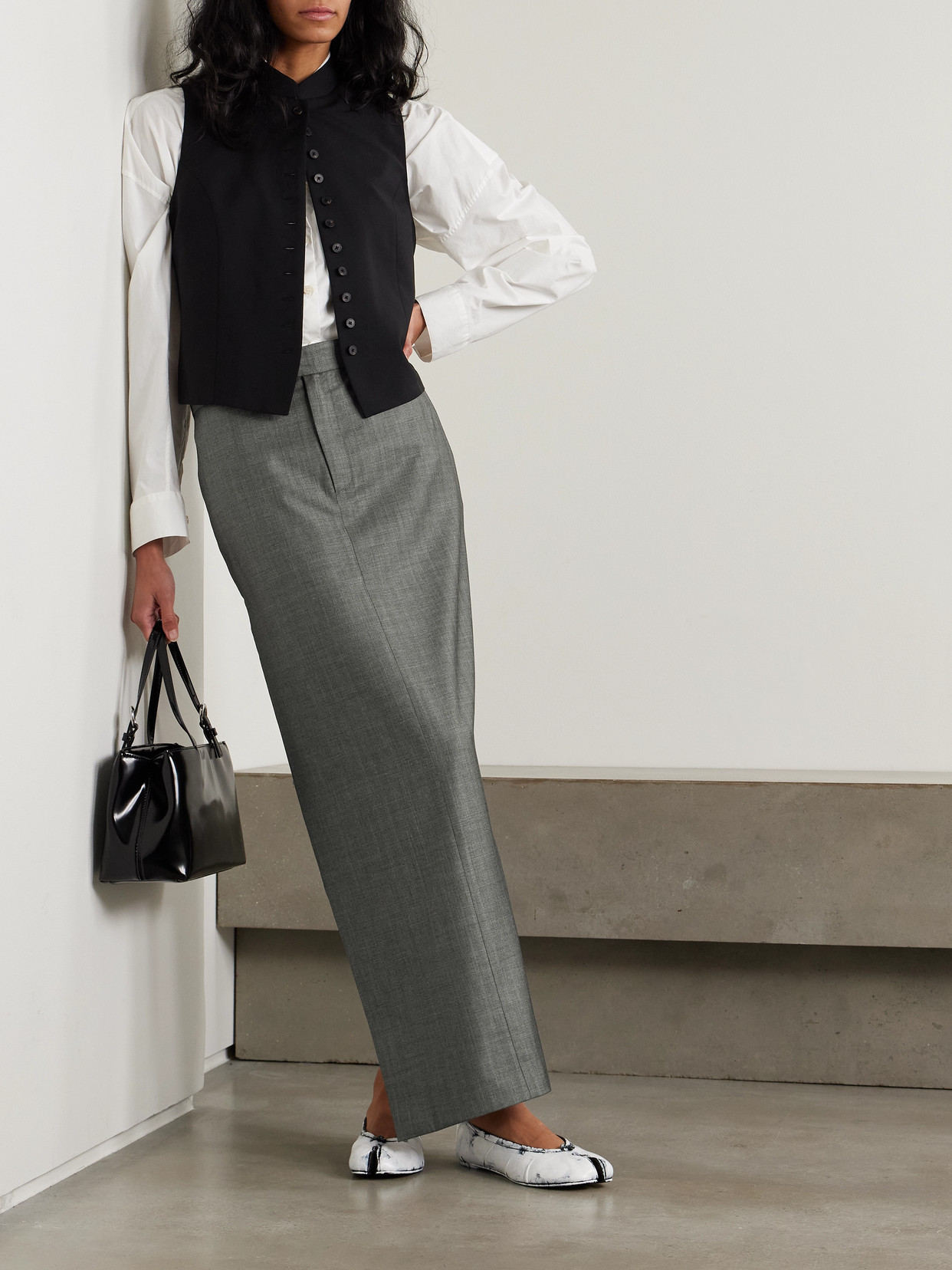 Bettter Office Party Asymmetric Striped Wool-blend Maxi Skirt In Gray