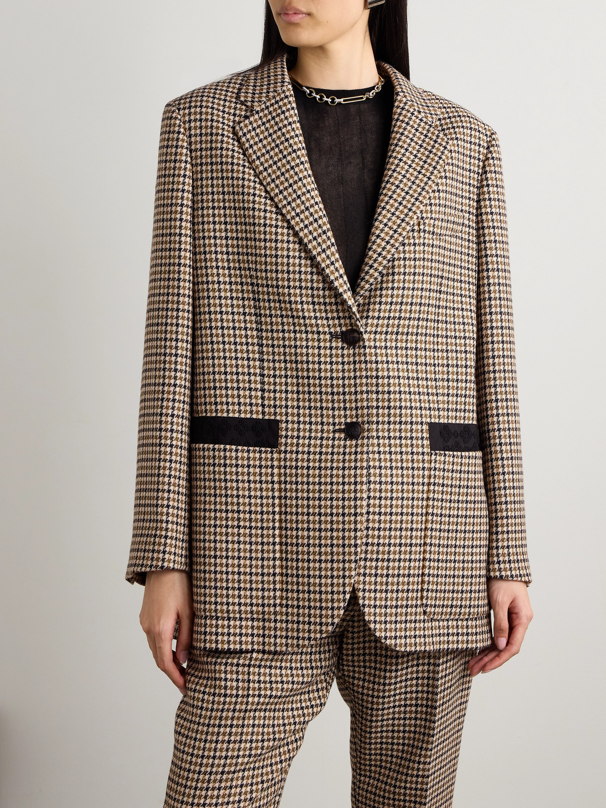 Veronica De Piante Sebastian Grosgrain-trimmed Houndstooth Wool Blazer In Brown
