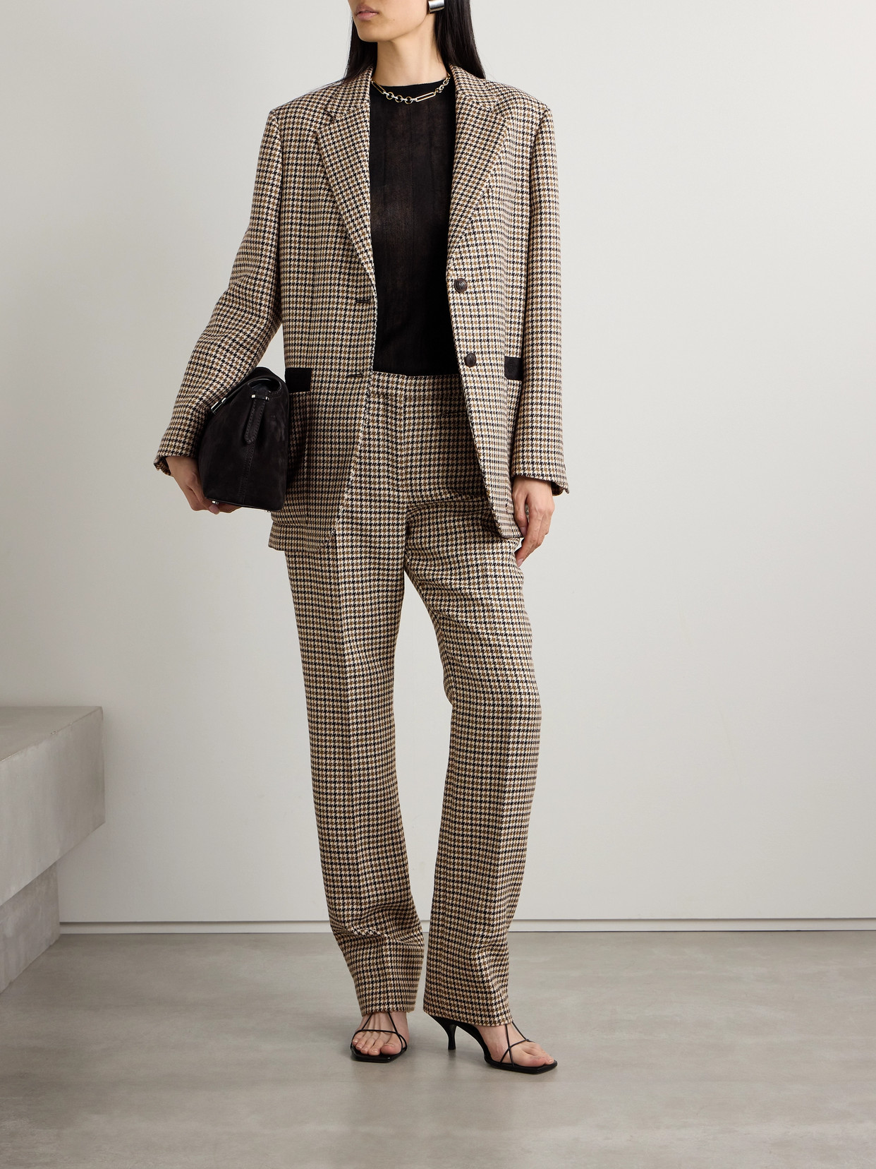 Veronica De Piante Sebastian Grosgrain-trimmed Houndstooth Wool Blazer In Brown