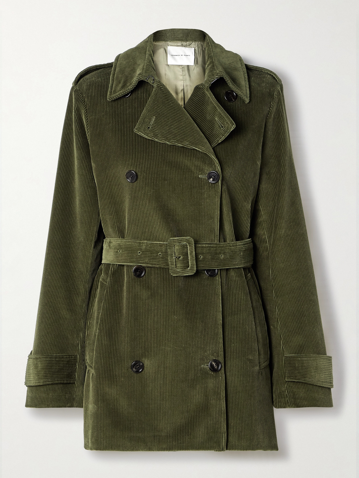 Veronica De Piante Charlotte Belted Double-breasted Cotton-corduroy Trench Coat In Green