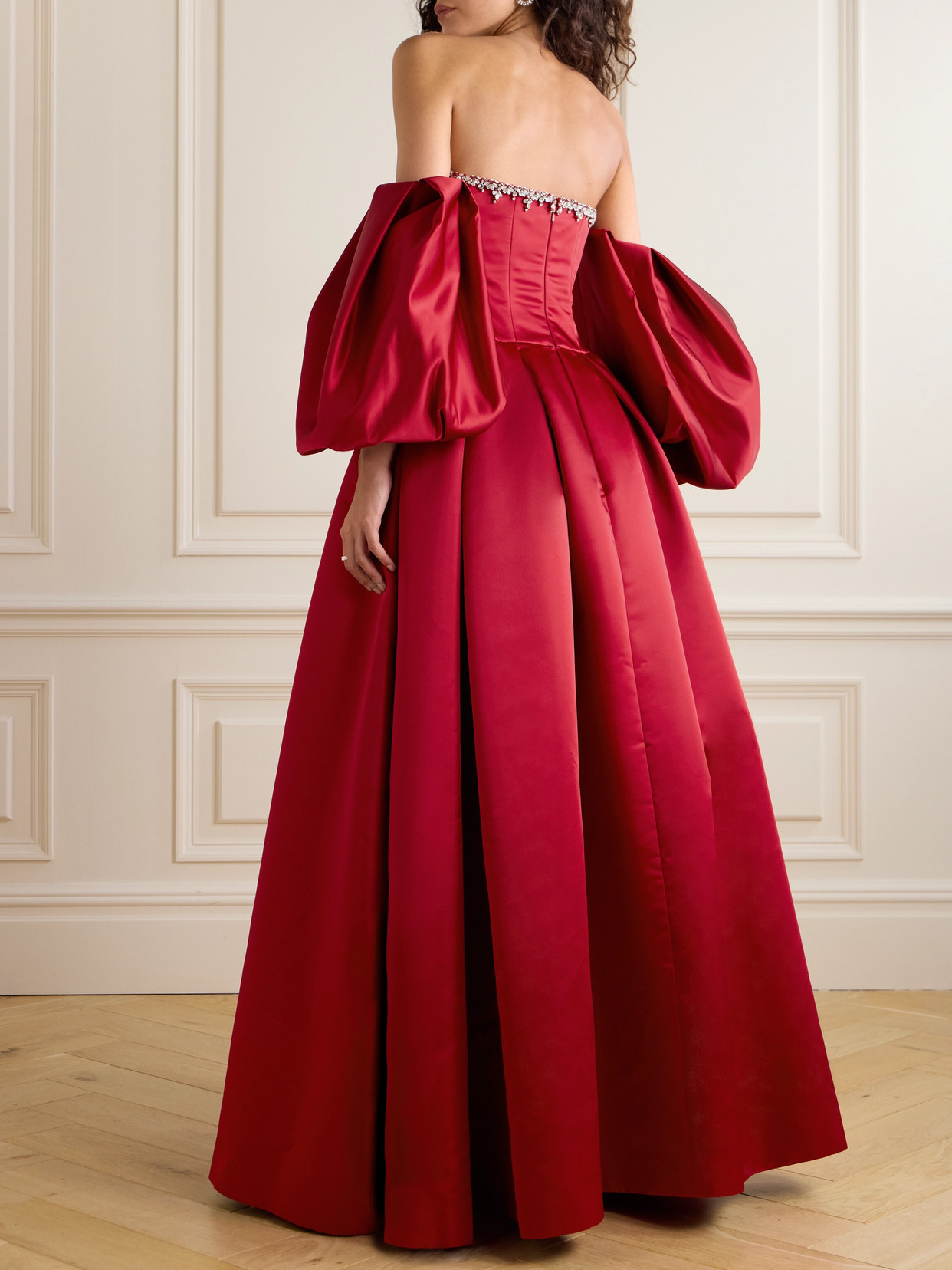 Sabina Bilenko Off-the-shoulder Crystal-embellished Mikado Gown In Red