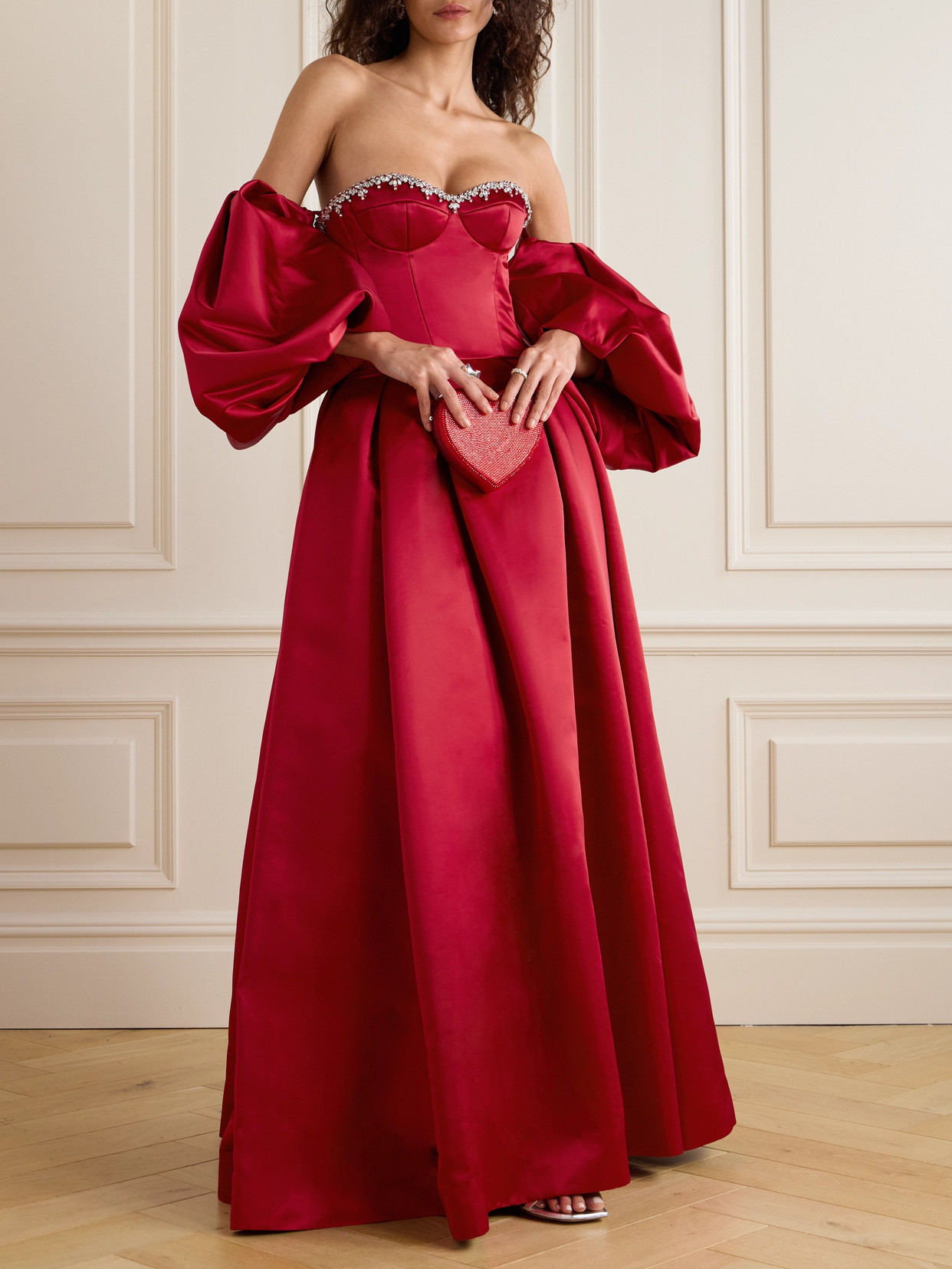 Sabina Bilenko Off-the-shoulder Crystal-embellished Mikado Gown In Red