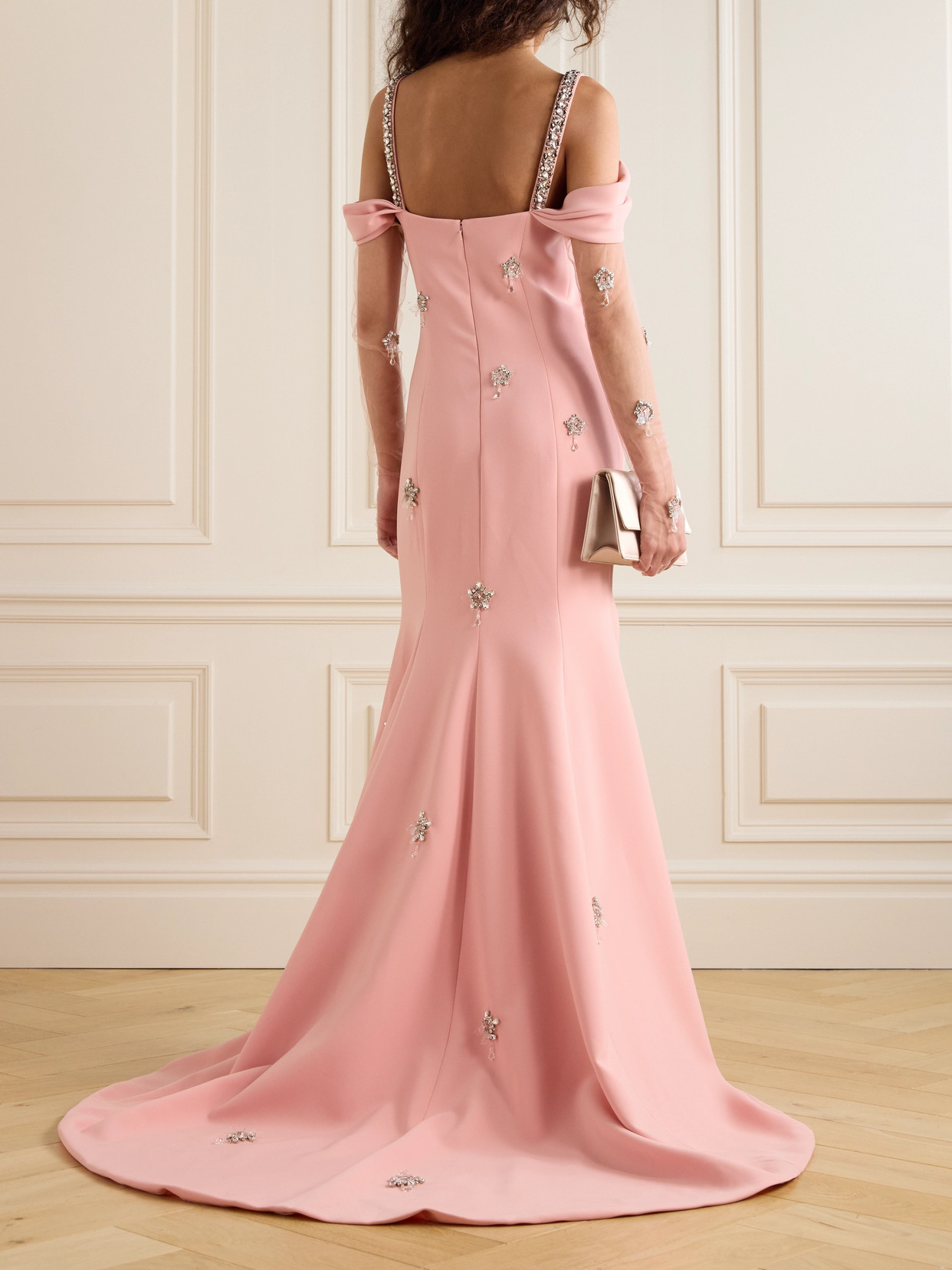 Sabina Bilenko Cold-shoulder Embellished Crepe And Tulle Gown And Gloves Set In Pink
