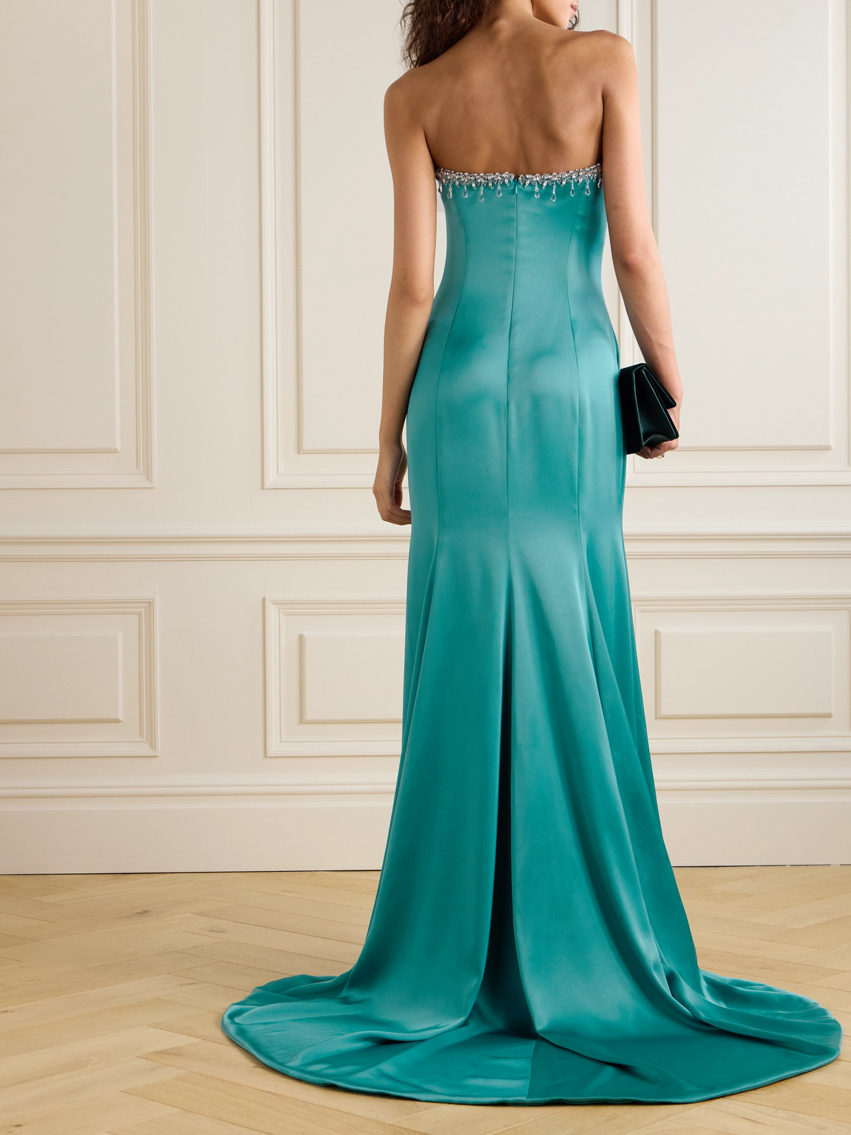Sabina Bilenko Strapless Cutout Crystal-embellished Satin Gown In Green