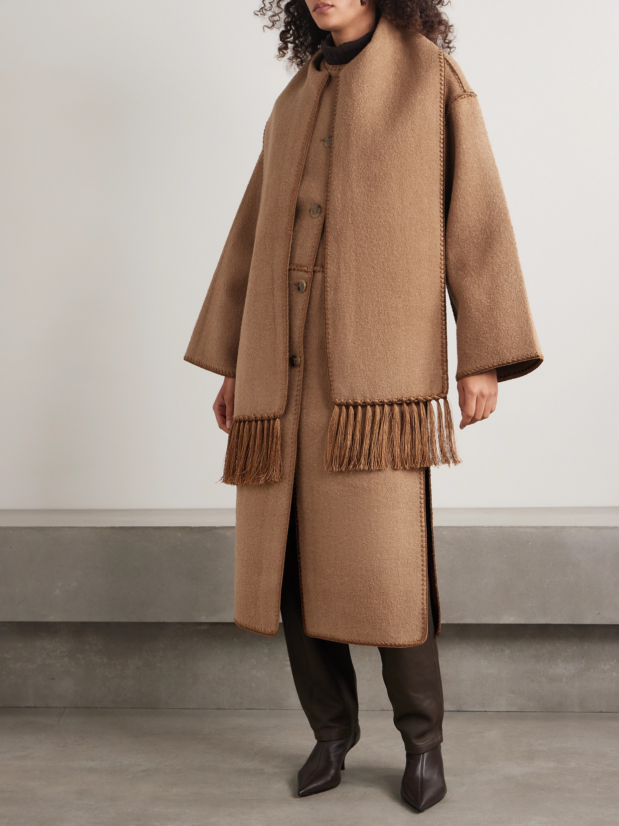 Draped Fringed Wool-Blend Bouclé Coat