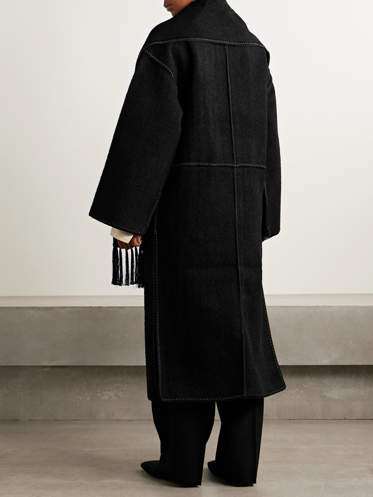 Draped Fringed Wool-Blend Bouclé Coat
