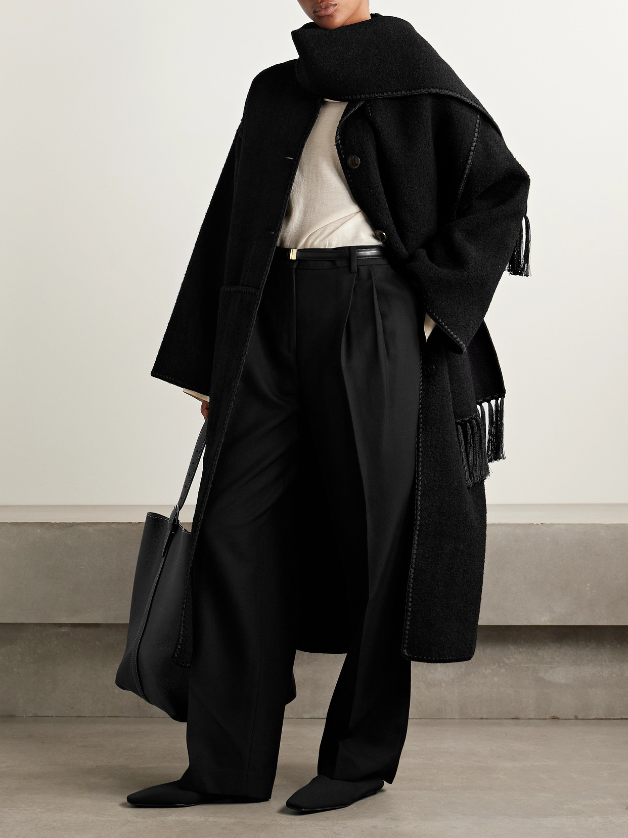 Draped Fringed Wool-Blend Bouclé Coat