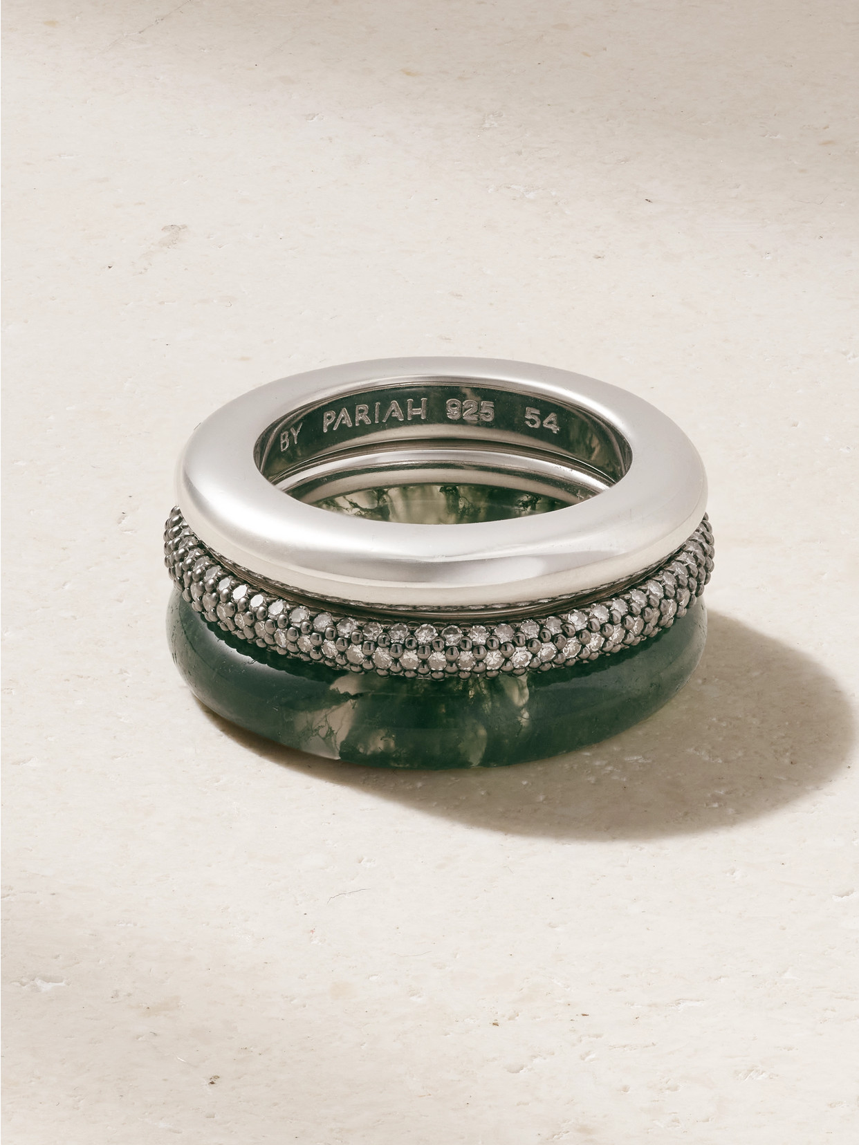 By Pariah - Aurea Set Of Three Sterling Silver, Agate And Diamond Rings - Green