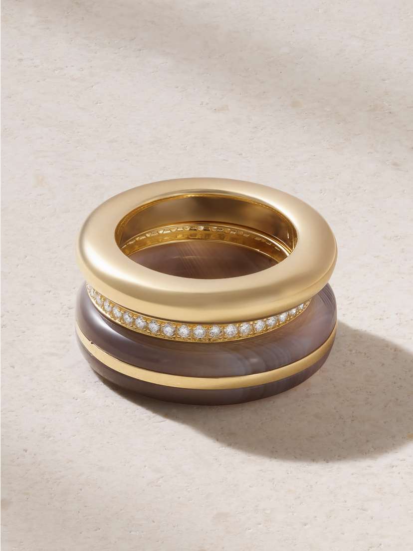 By Pariah Classic Stack Set Of Three 14-karat Recycled Gold, Agate And Diamond Ring