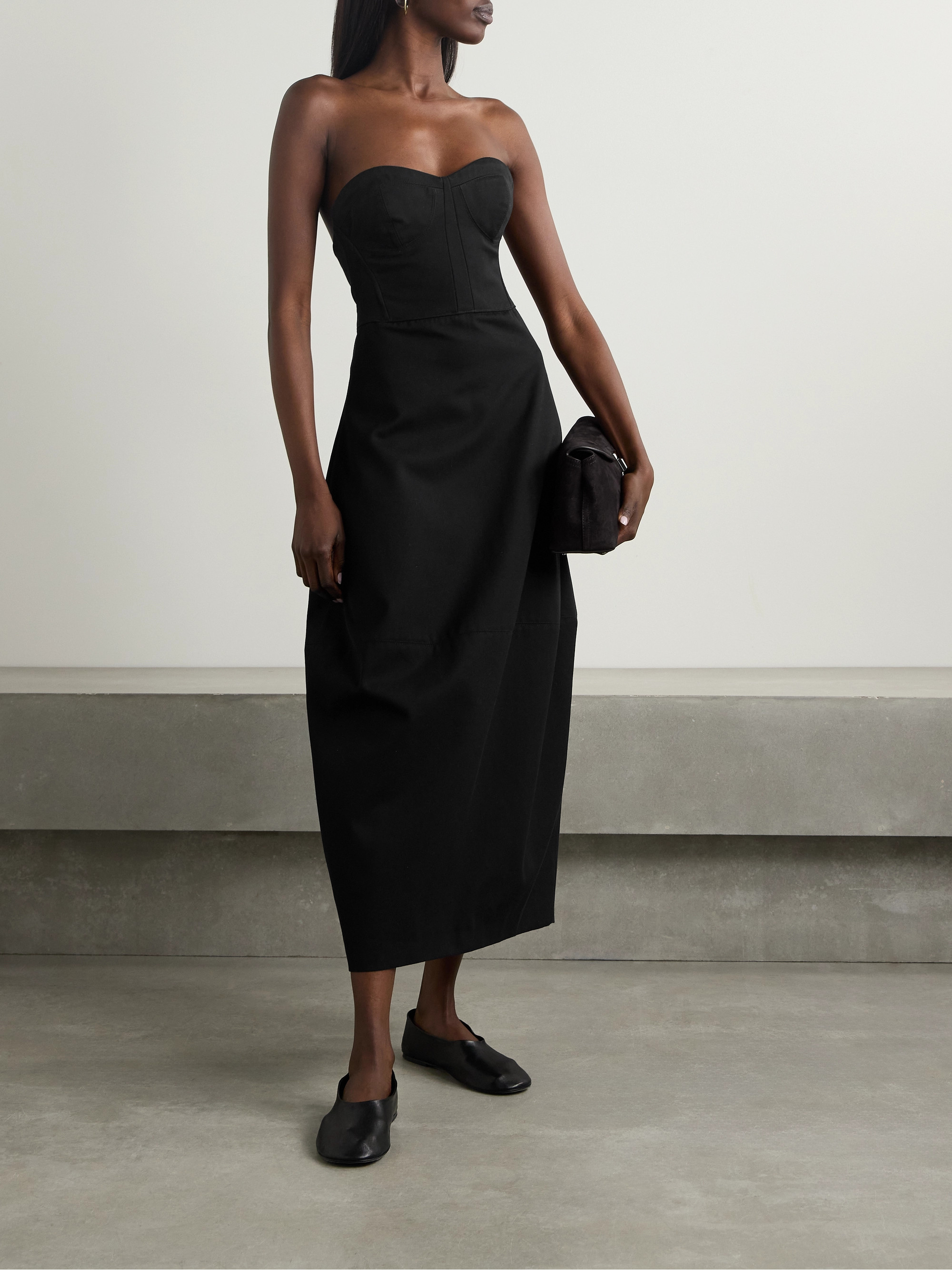 Fforme Jett strapless cotton and wool-blend twill midi dress