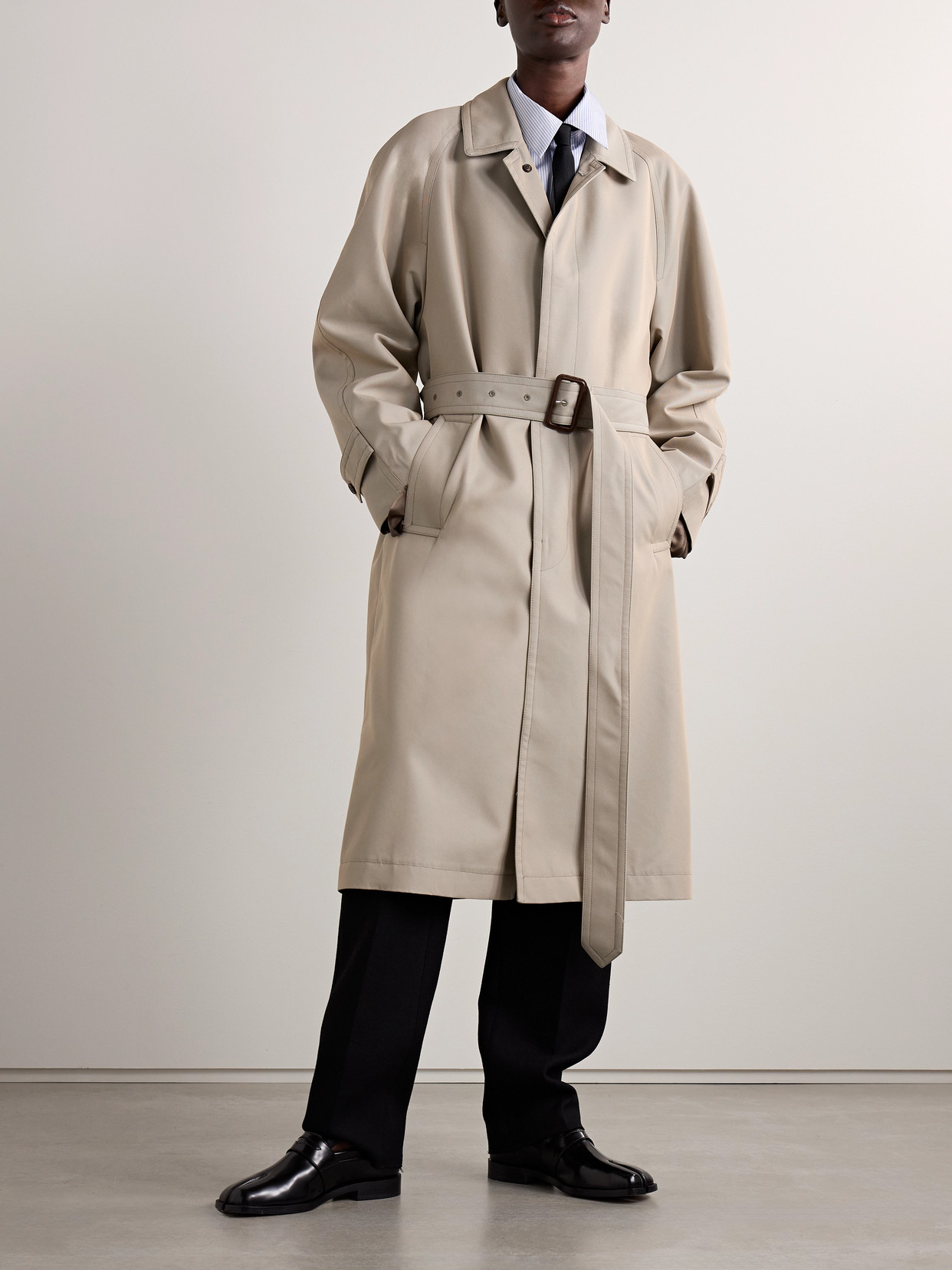 Maison Margiela Structured Beige Long Trench Coat With Belted Waist And Buttoned Cuffs In Neutrals