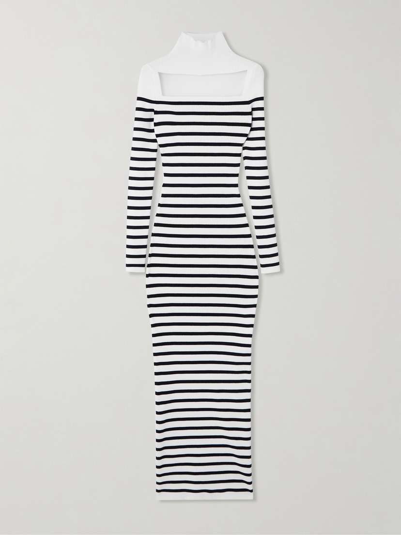 Jean Paul Gaultier Striped Cutout Mesh-trimmed Ribbed-knit Maxi Dress