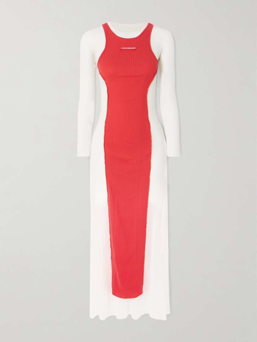 Jean Paul Gaultier Layered Ribbed Cotton-jersey And Mesh Maxi Dress
