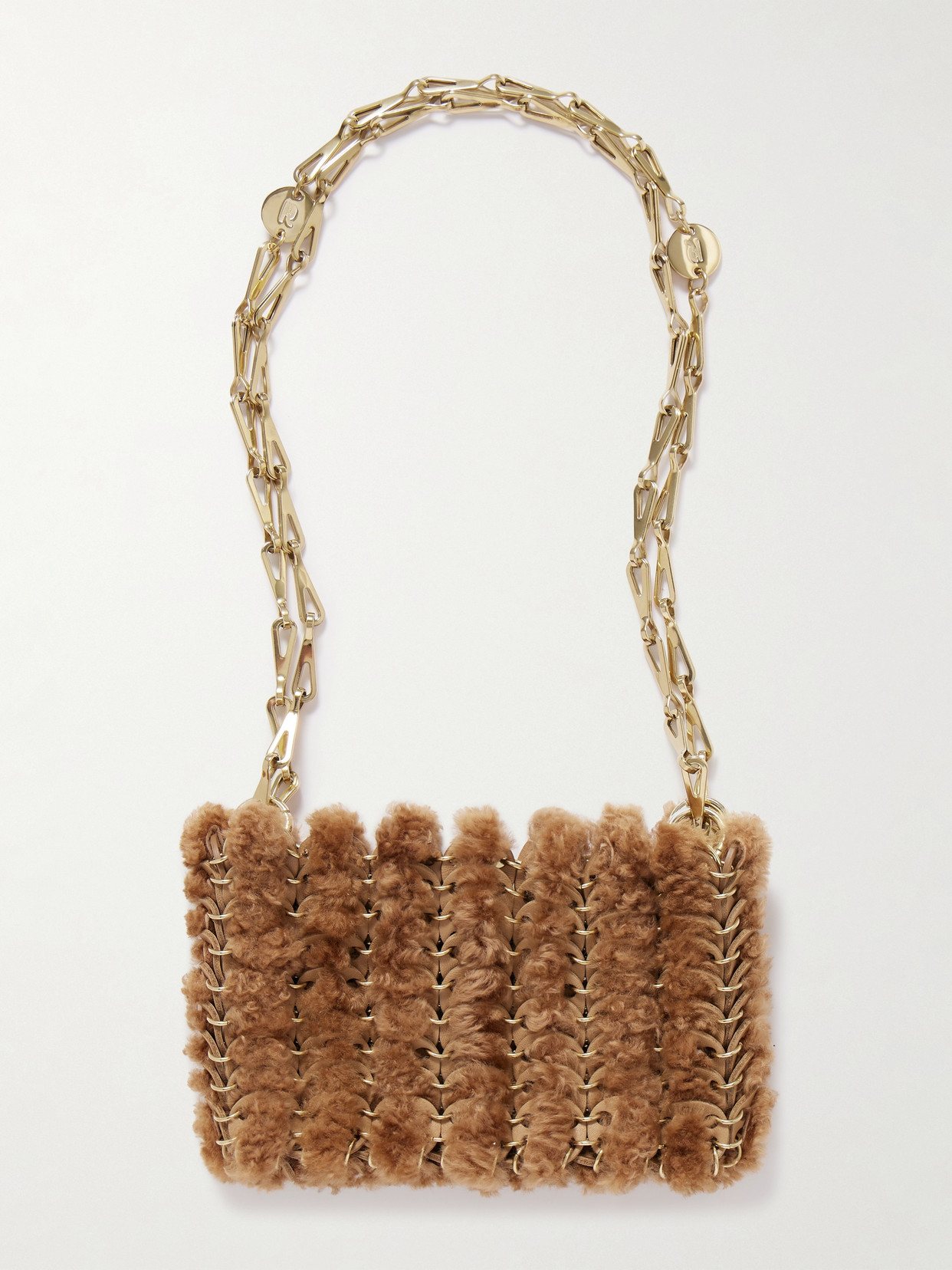 RABANNE - 1969 Nano Embellished Leather And Shearling Shoulder Bag - Brown