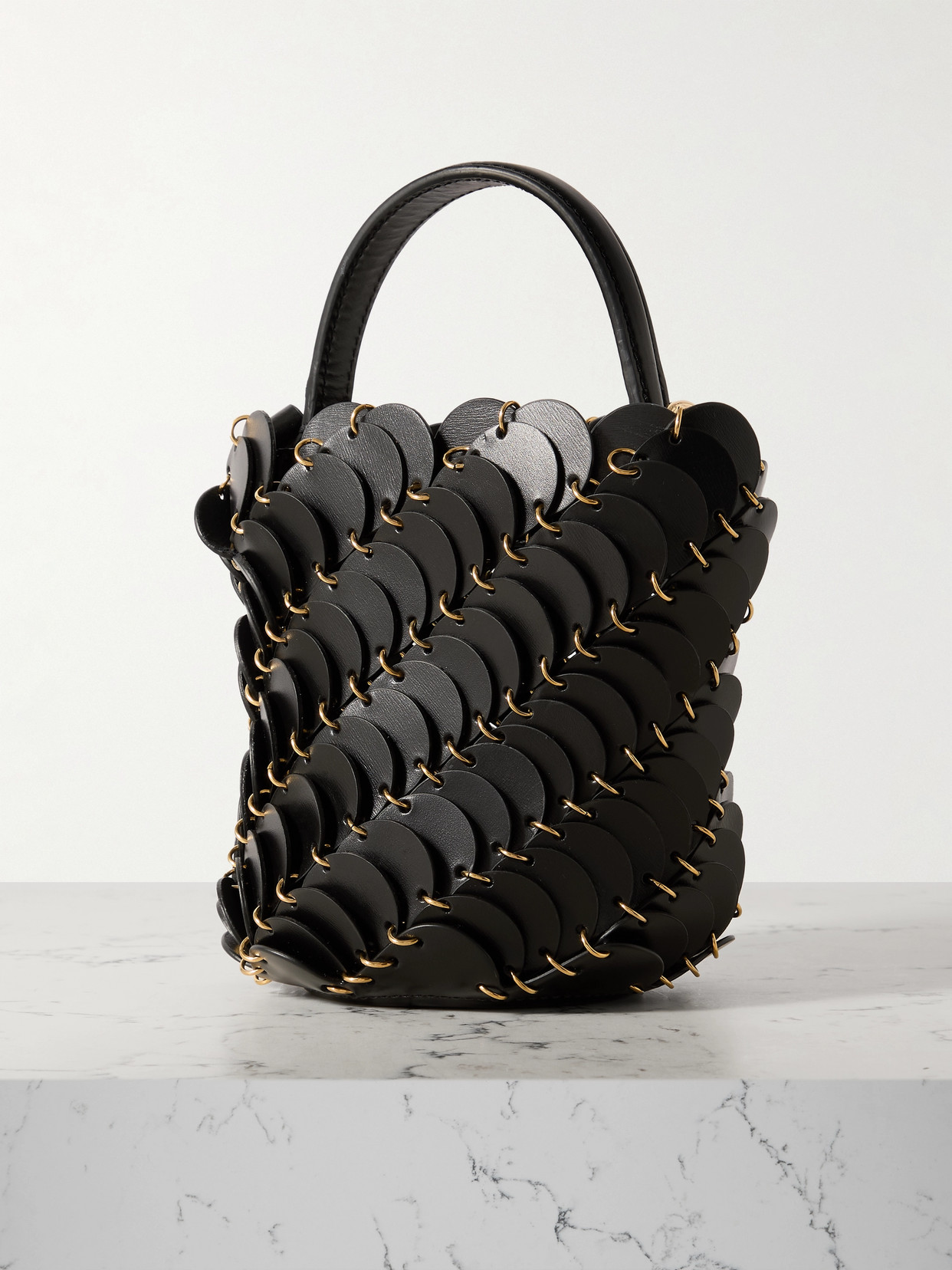 RABANNE SMALL EMBELLISHED LEATHER BUCKET BAG