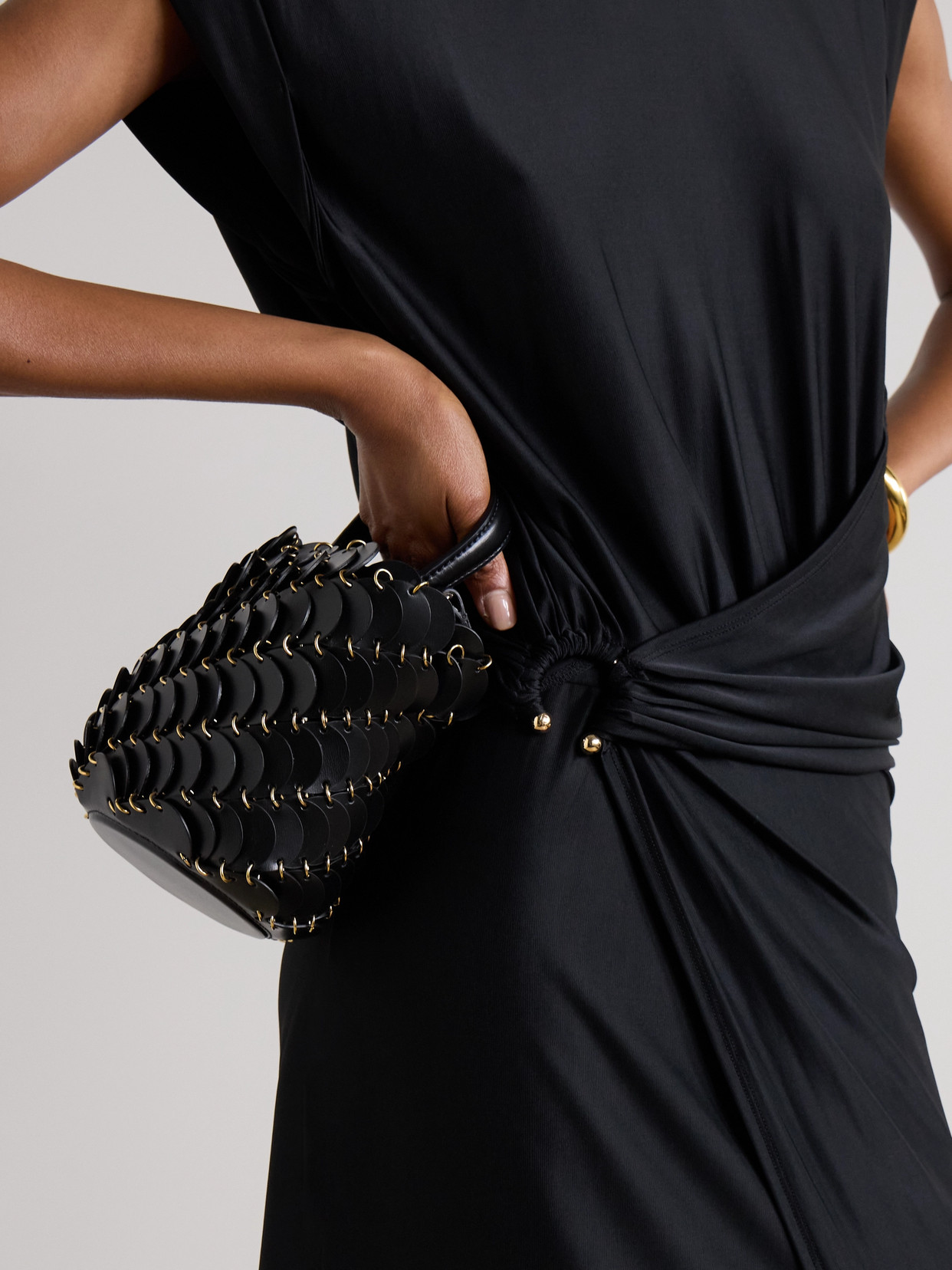Shop Rabanne Small Embellished Leather Bucket Bag In Black