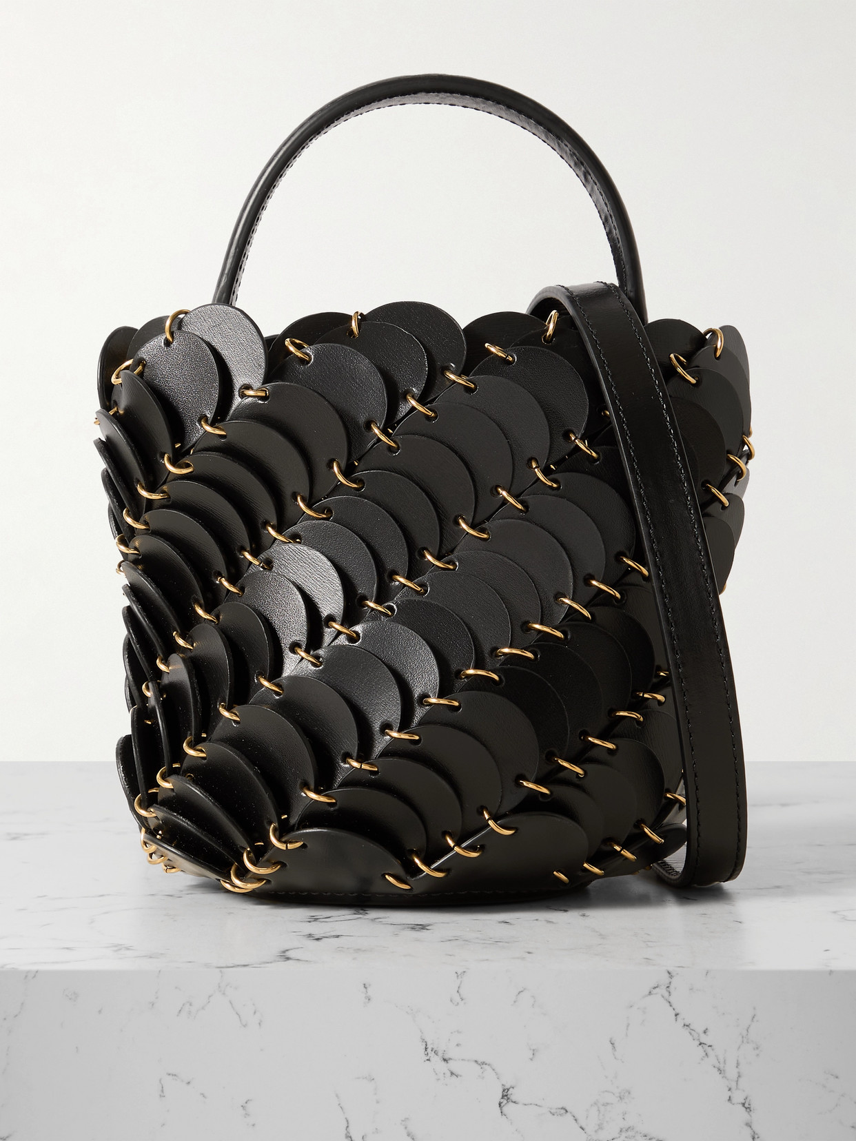 RABANNE SMALL EMBELLISHED LEATHER BUCKET BAG