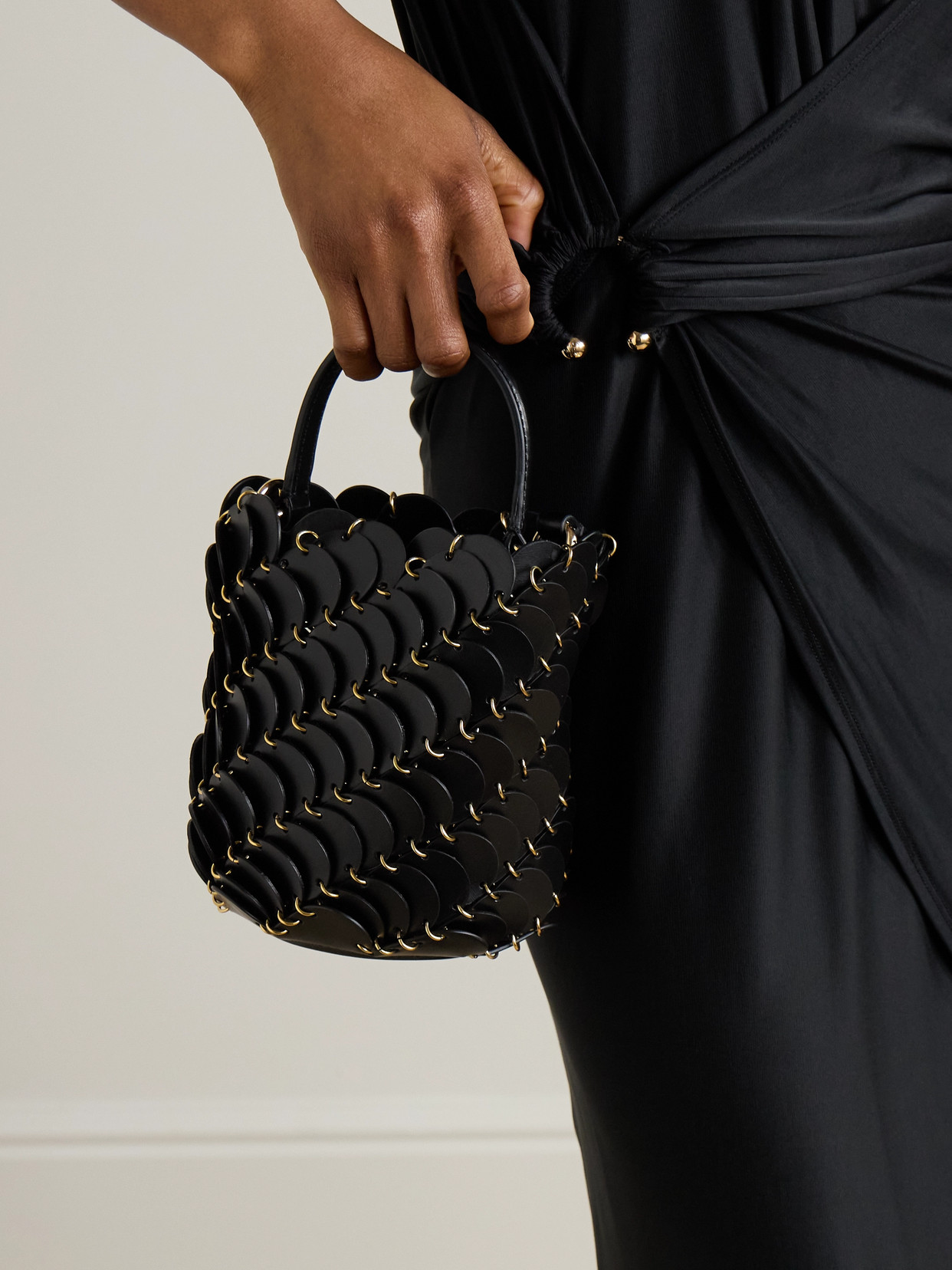 RABANNE SMALL EMBELLISHED LEATHER BUCKET BAG