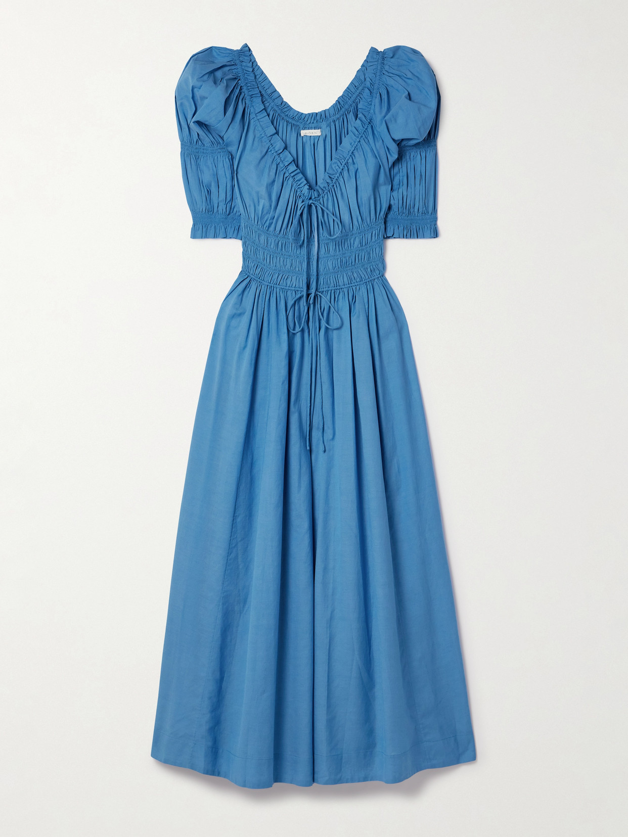 Doen Ischia Shirred Cotton-blend Voile Midi Dress In Blue