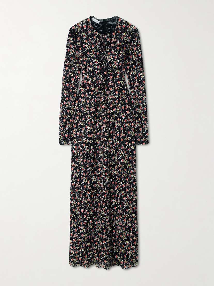 Rabanne Pintucked Embroidered Lace Maxi Dress