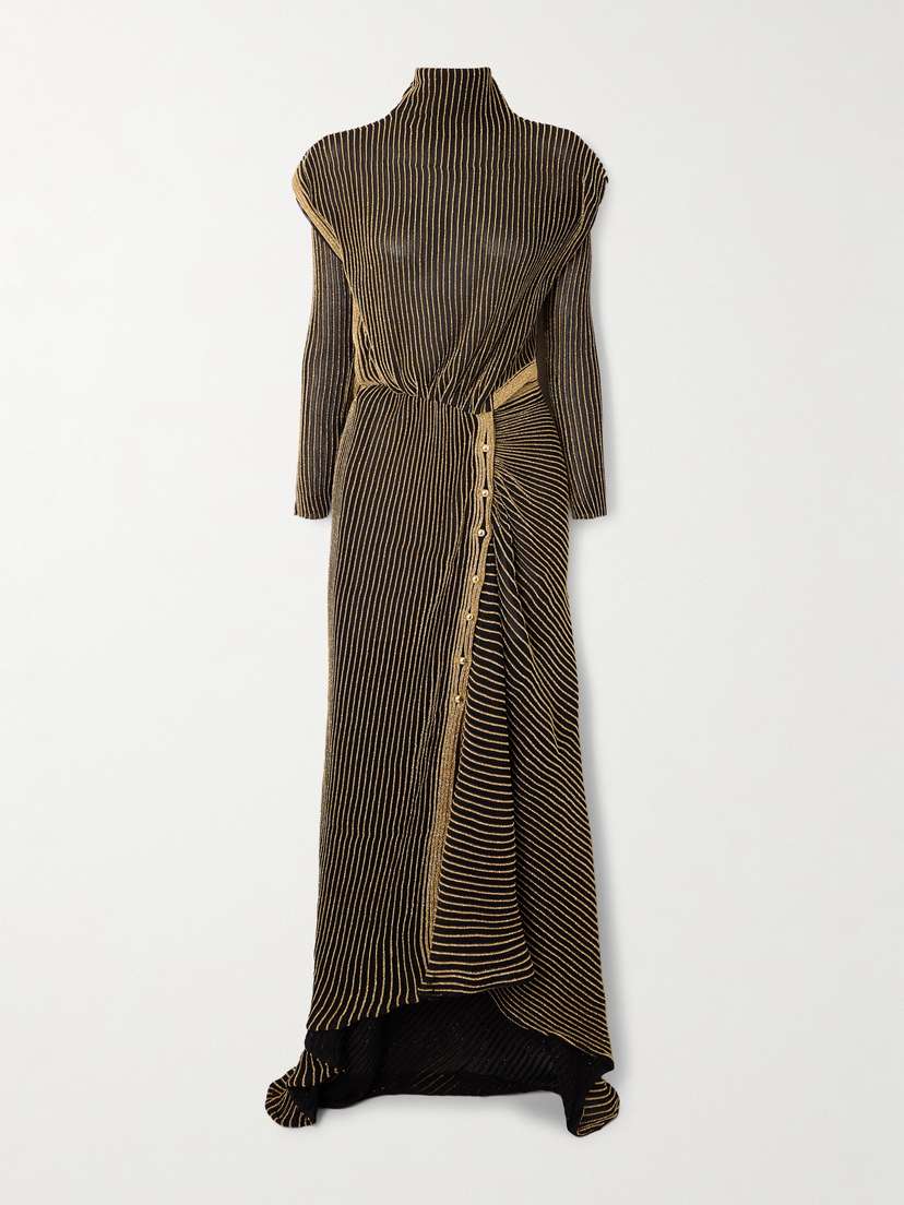 Rabanne Draped Cutout Striped Metallic Ribbed-knit Maxi Dress