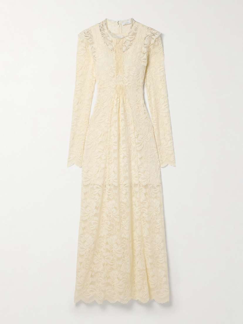 Rabanne Pintucked Scalloped Lace Maxi Dress