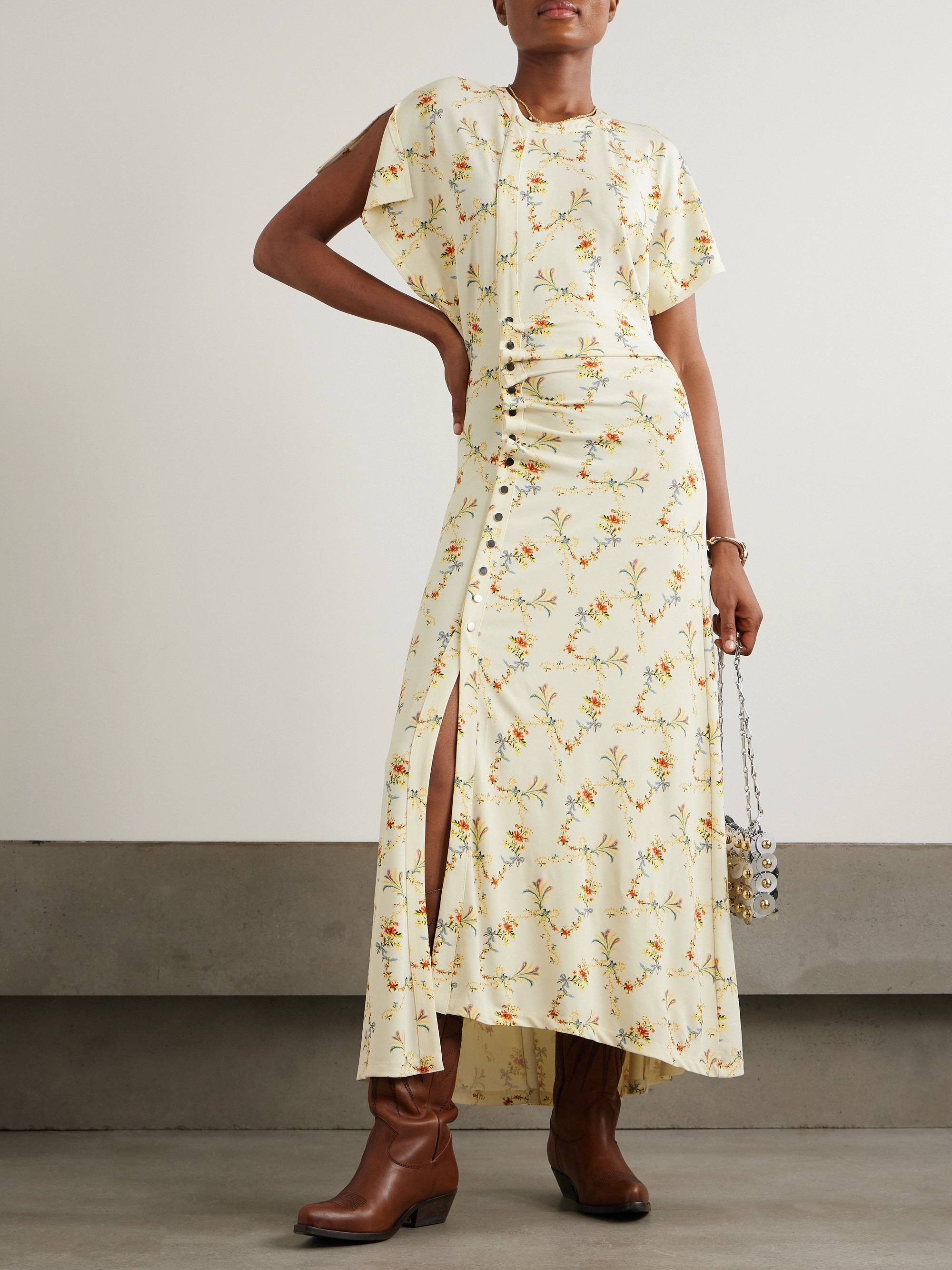 Rabanne Embellished floral-print stretch-satin maxi dress