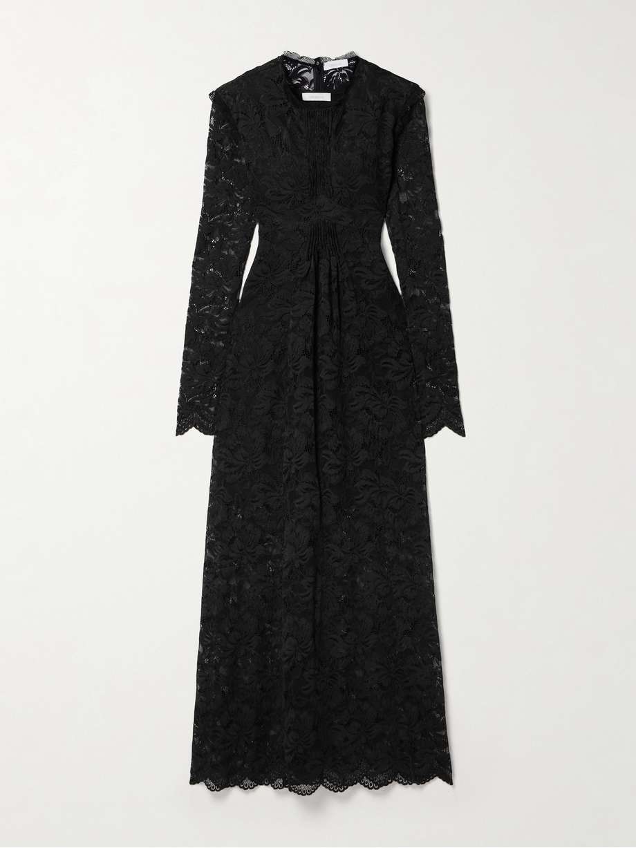pintucked scalloped lace maxi dress