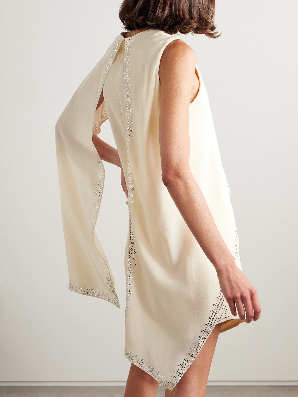 Rabanne Embellished Asymmetric Cape-effect Crepe Mini Dress In Neutrals