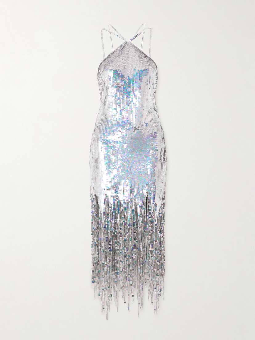 The Attico Fringed Sequined Mesh Dress