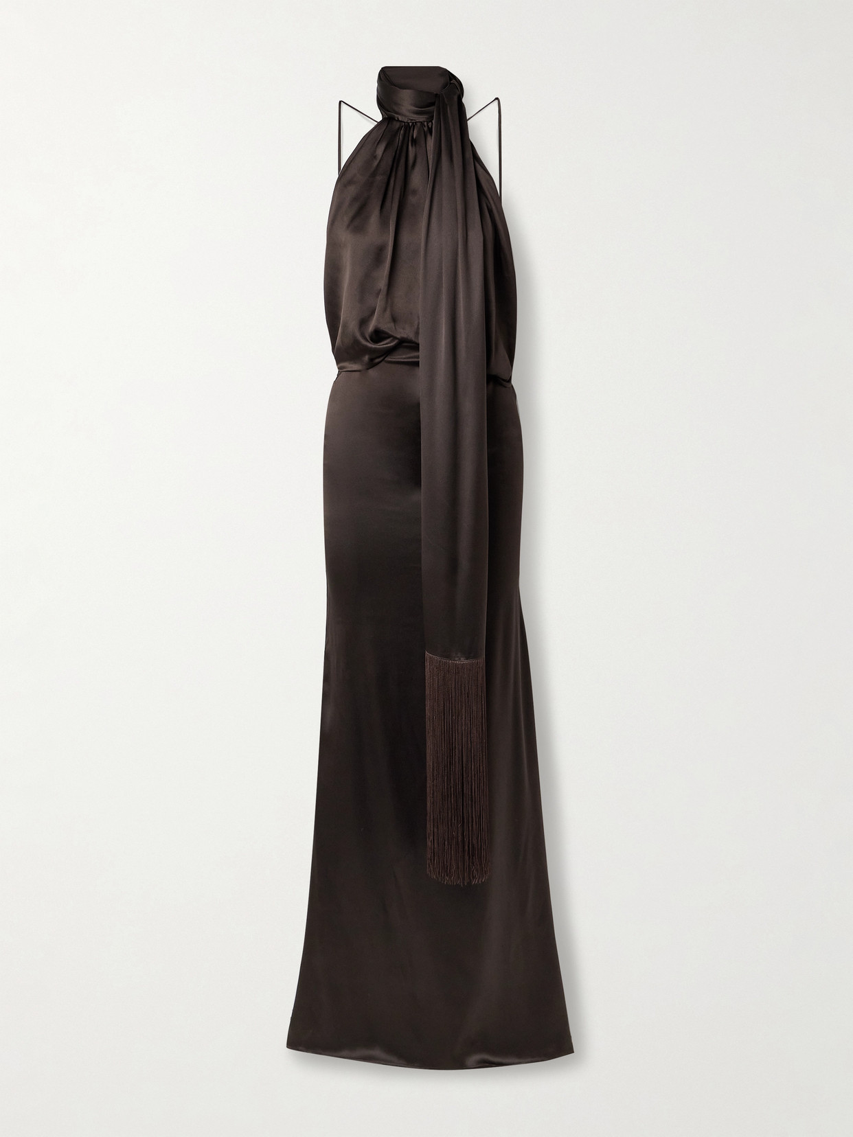 The Attico - Fringed Draped Silk-satin Maxi Dress - Brown