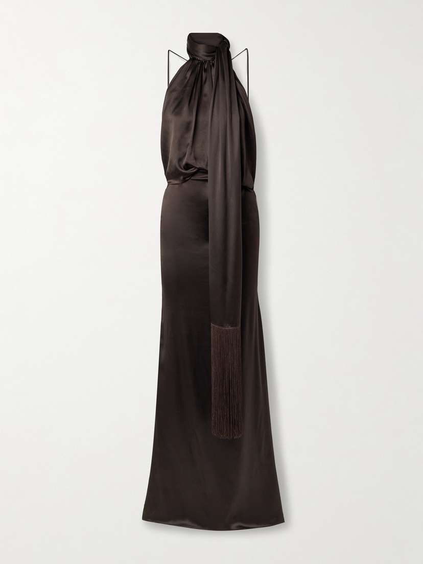 The Attico Fringed Draped Silk-satin Maxi Dress